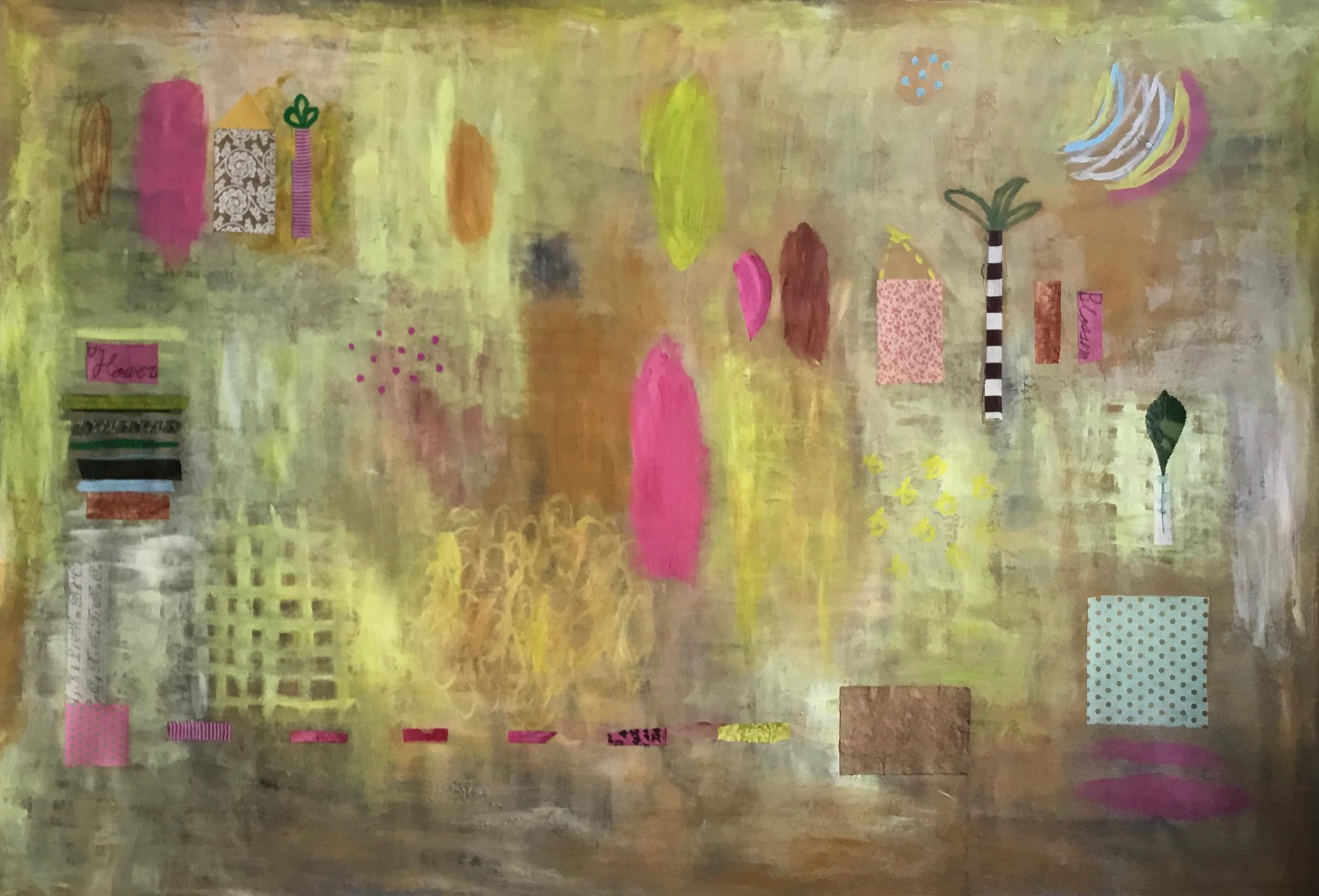 Yellow Spruce Series: Pink Abstract Mixed Media Painting on Canvas