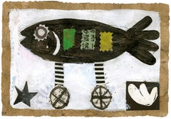 Green Fish on Wheels Small Animal Giclee Print