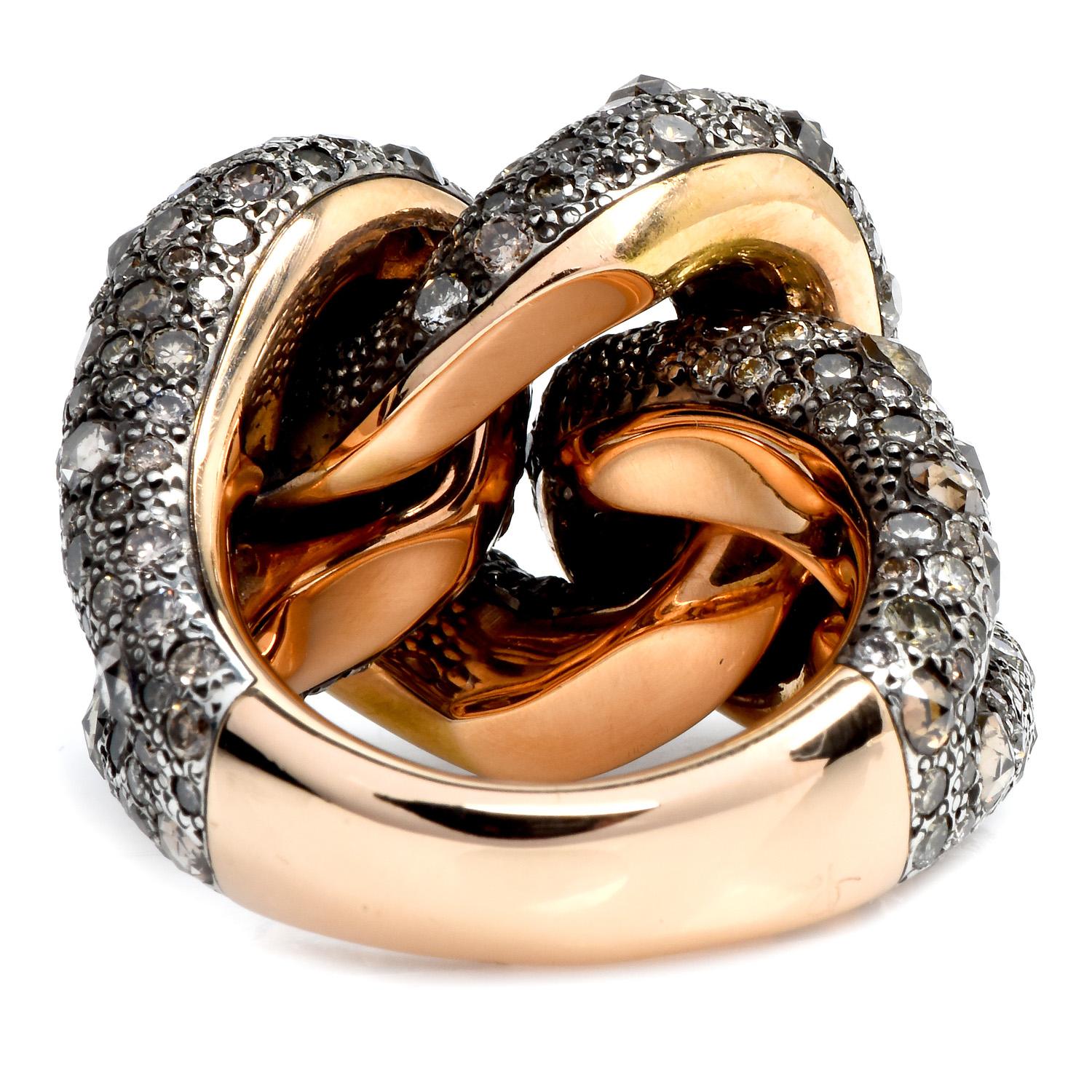 Modern Pomellato Tango Diamond 18K Rose Gold Silver Cluster Crossover Cocktail Ring For Sale