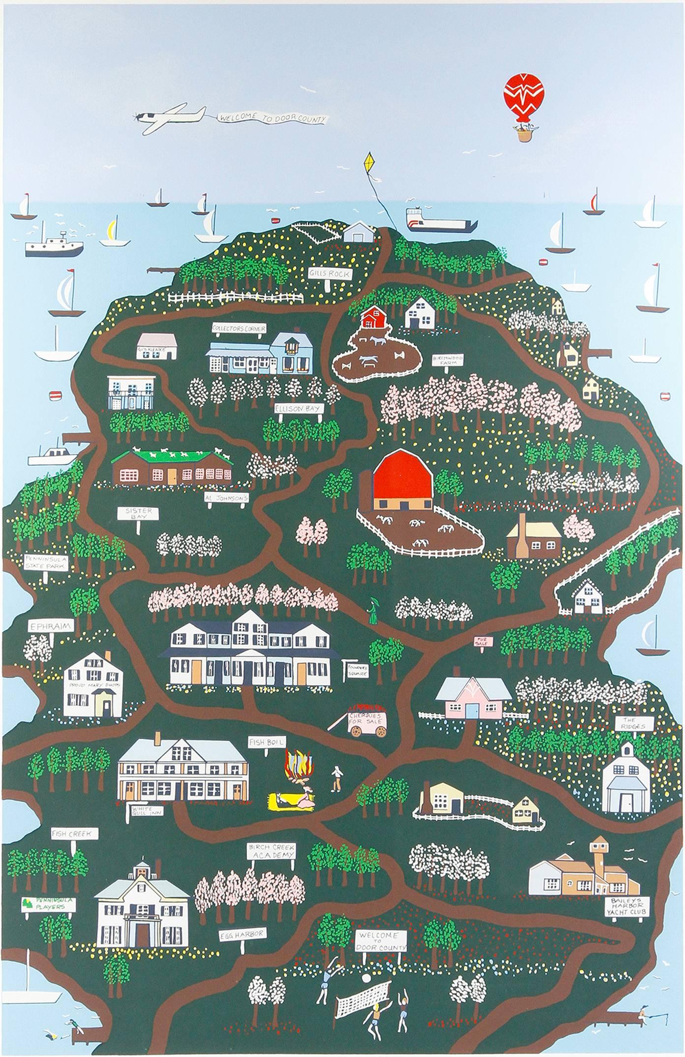"Door County" è una serigrafia originale di Pamela Bachman. IT raffigura una veduta aerea di diverse attrazioni della Door County, nel Wisconsin. L'artista ha firmato l'opera in basso a destra ed è in edizione 101/200.

34" x 22" art.
Cornice da 40"
