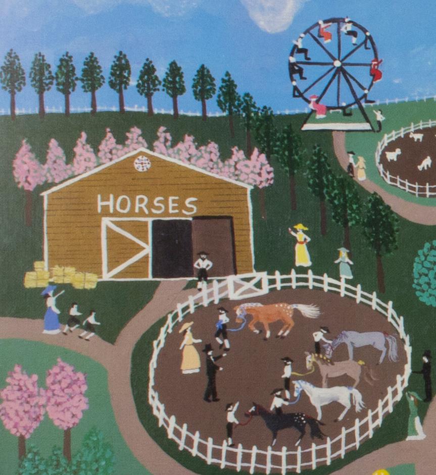 Born in Milwaukee, WI in 1959, Pamela Bachman is a contemporary Wisconsin artist creating folk art acrylic and oil paintings, as well as silkscreen folk art prints. This poster, produced to celebrate the 1983 Wisconsin State Fair, is an excellent