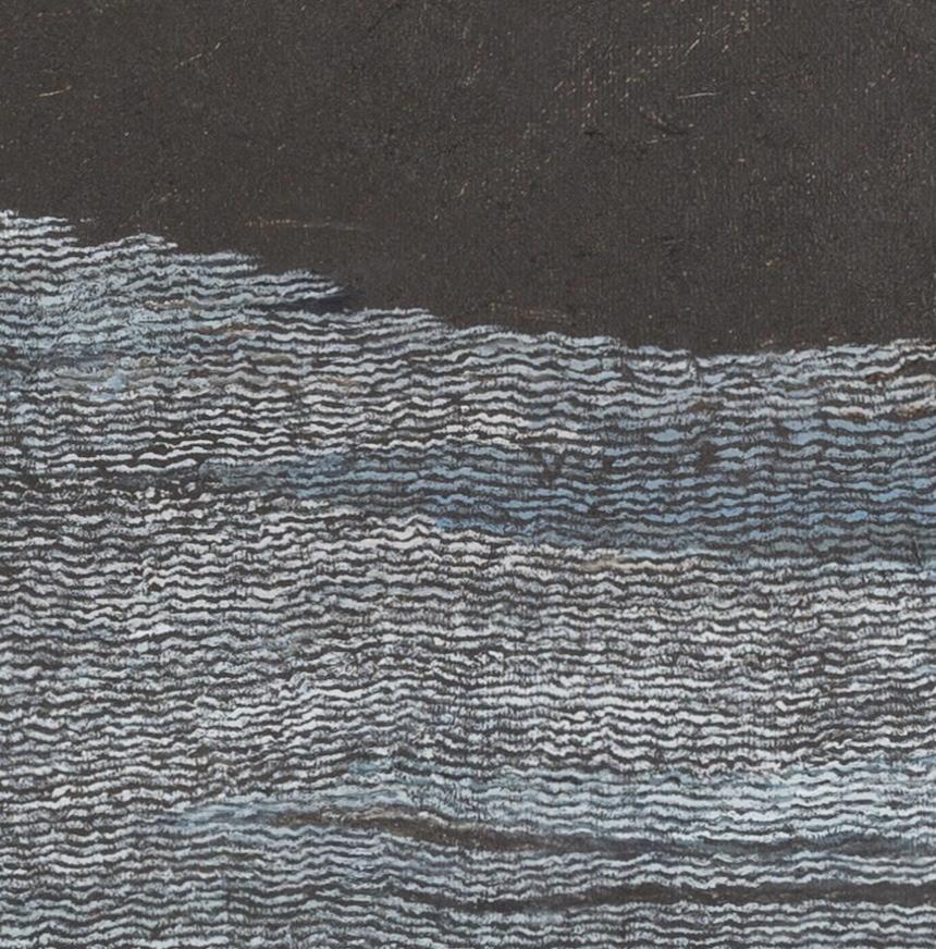 Estuario IV, 2018 - Pittura ad olio astratta con oggetti trovati (piume) in grigio - Abstract Painting Grigio di Pamela Burns