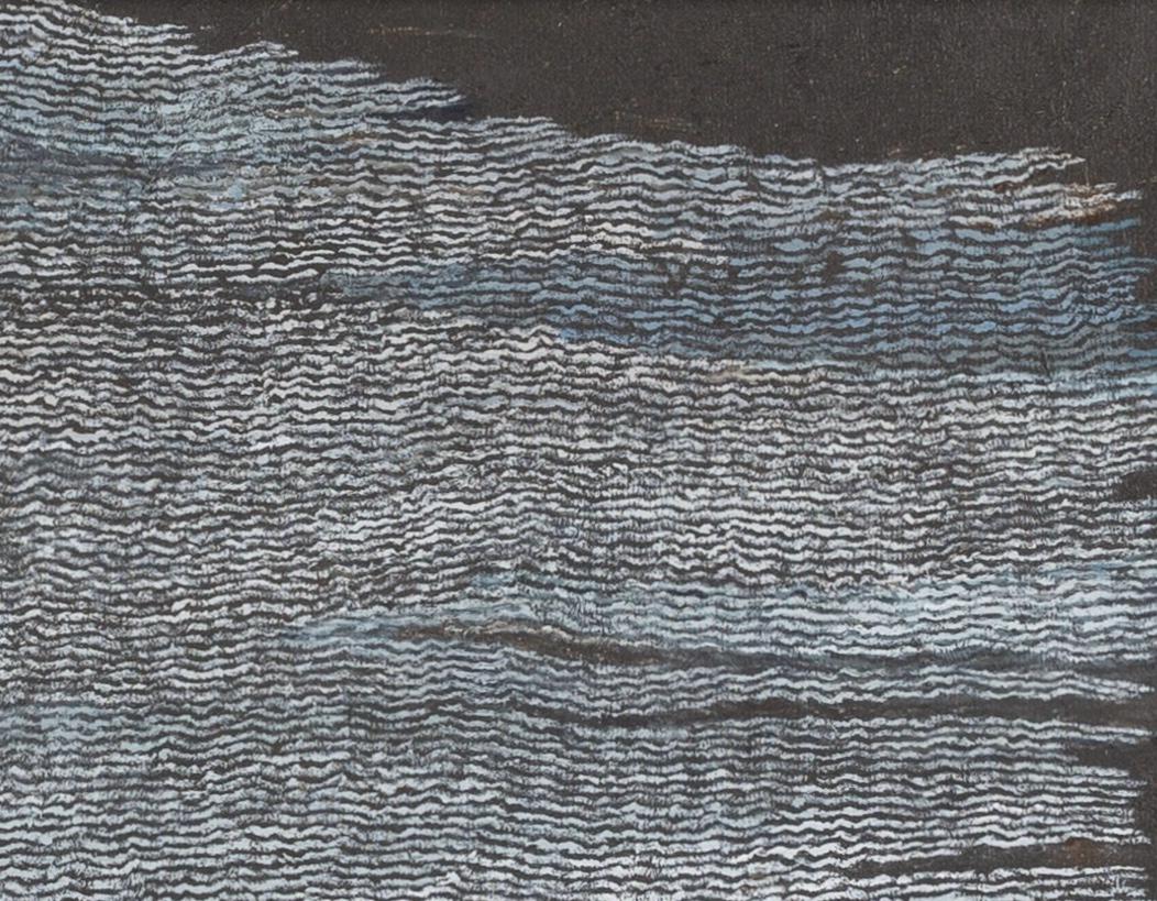 Estuario IV, 2018 - Pittura ad olio astratta con oggetti trovati (piume) in grigio 1