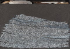 Estuario IV, 2018 - Pittura ad olio astratta con oggetti trovati (piume) in grigio