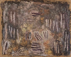 Óleo, arena y piedra pómez sobre lienzo-tablero Pintura "Huellas" de Pamela Burns, 1991