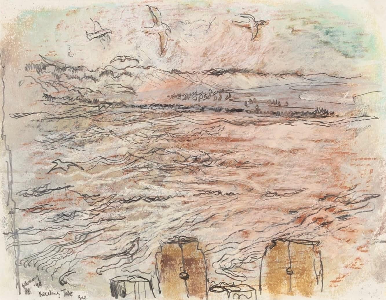 Receding Tide (Deal, Kent), Oil Pastel Painting by Pamela Burns B. 1938, 1998

Additional information:
Medium: Oil pastel with pencil
Dimensions: 25 x 31 cm
9 7/8 x 12 1/4 in
Signed, dated, and titled; further inscribed verso

Pamela Burns is a