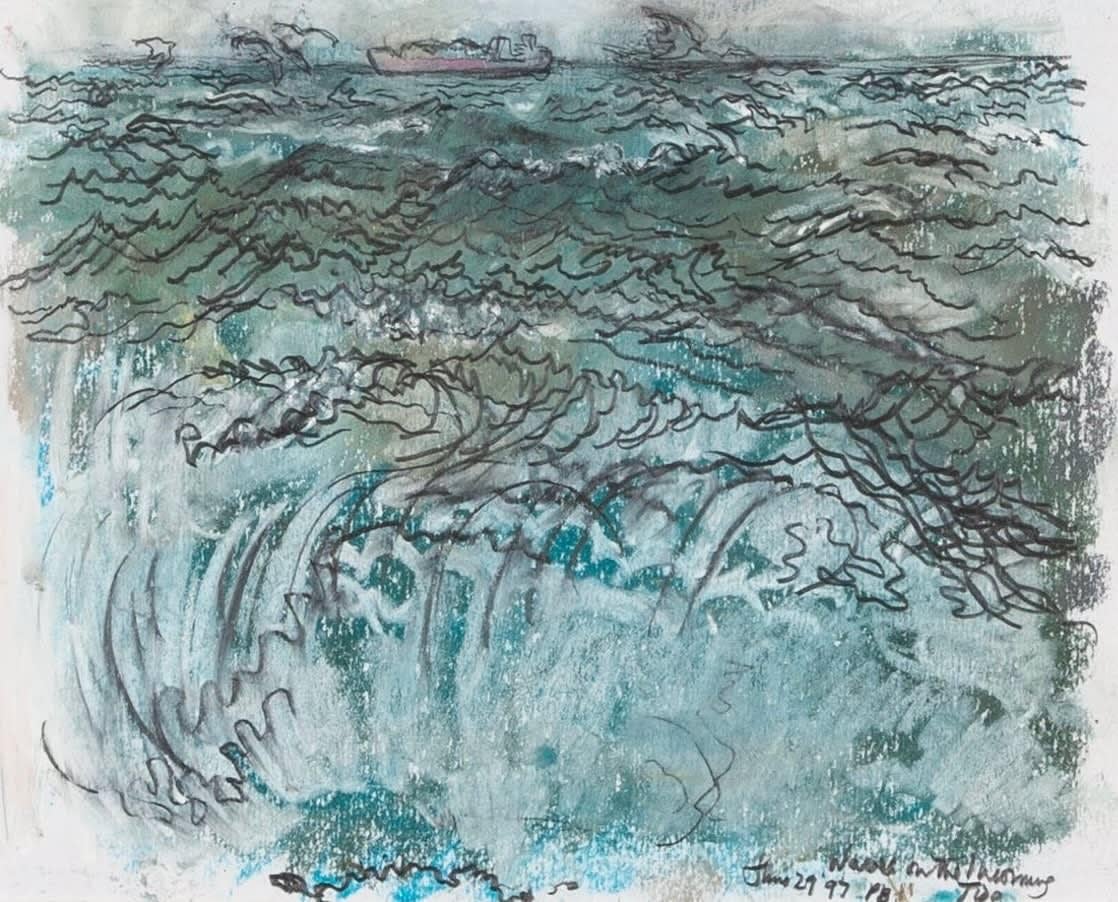 Waves on the Incoming Tide, Oil Pastel Painting by Pamela Burns B. 1938, 1997

Additional information:
Medium: Oil pastel with pencil
Dimensions: 21 x 26 cm
8 1/4 x 10 1/4 in
Signed, dated, and titled

Pamela Burns is a British painter.

Burns was