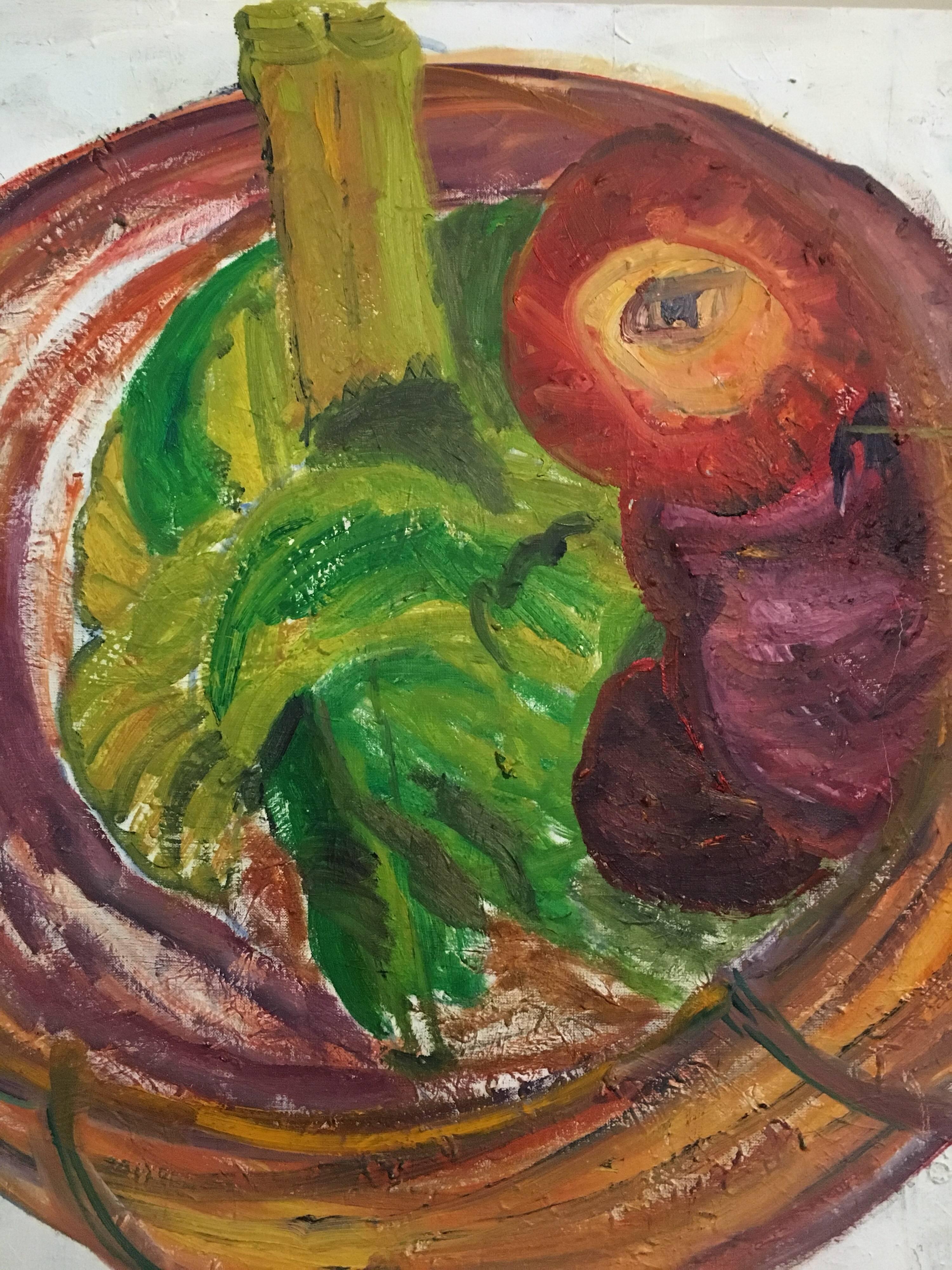 Abstrakte Obstschale, britischer Künstler, farbenfroh – Painting von Pamela Cawley