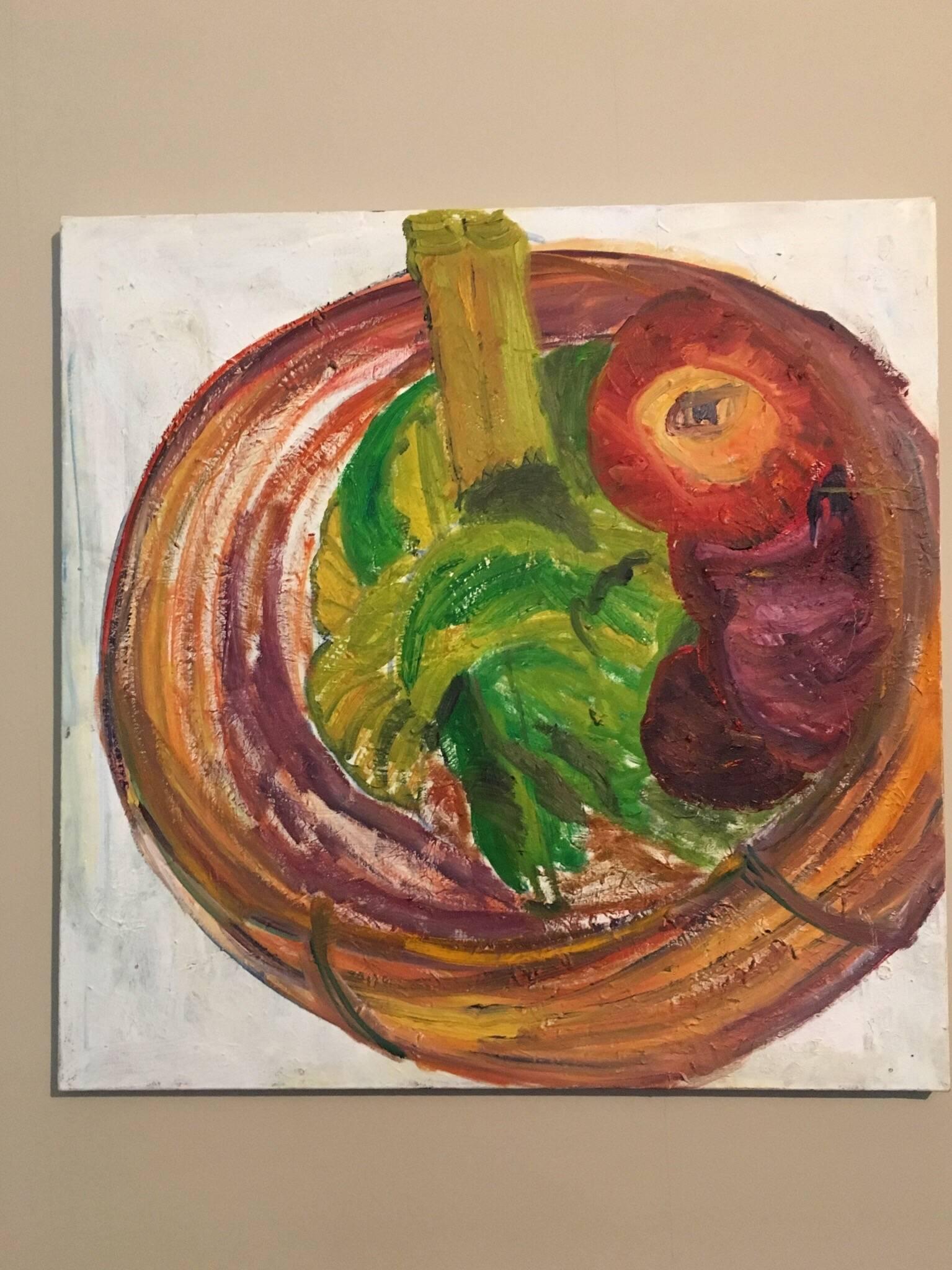 Abstract Bowl of Fruit, British Artist, Colourful - Brown Still-Life Painting by Pamela Cawley