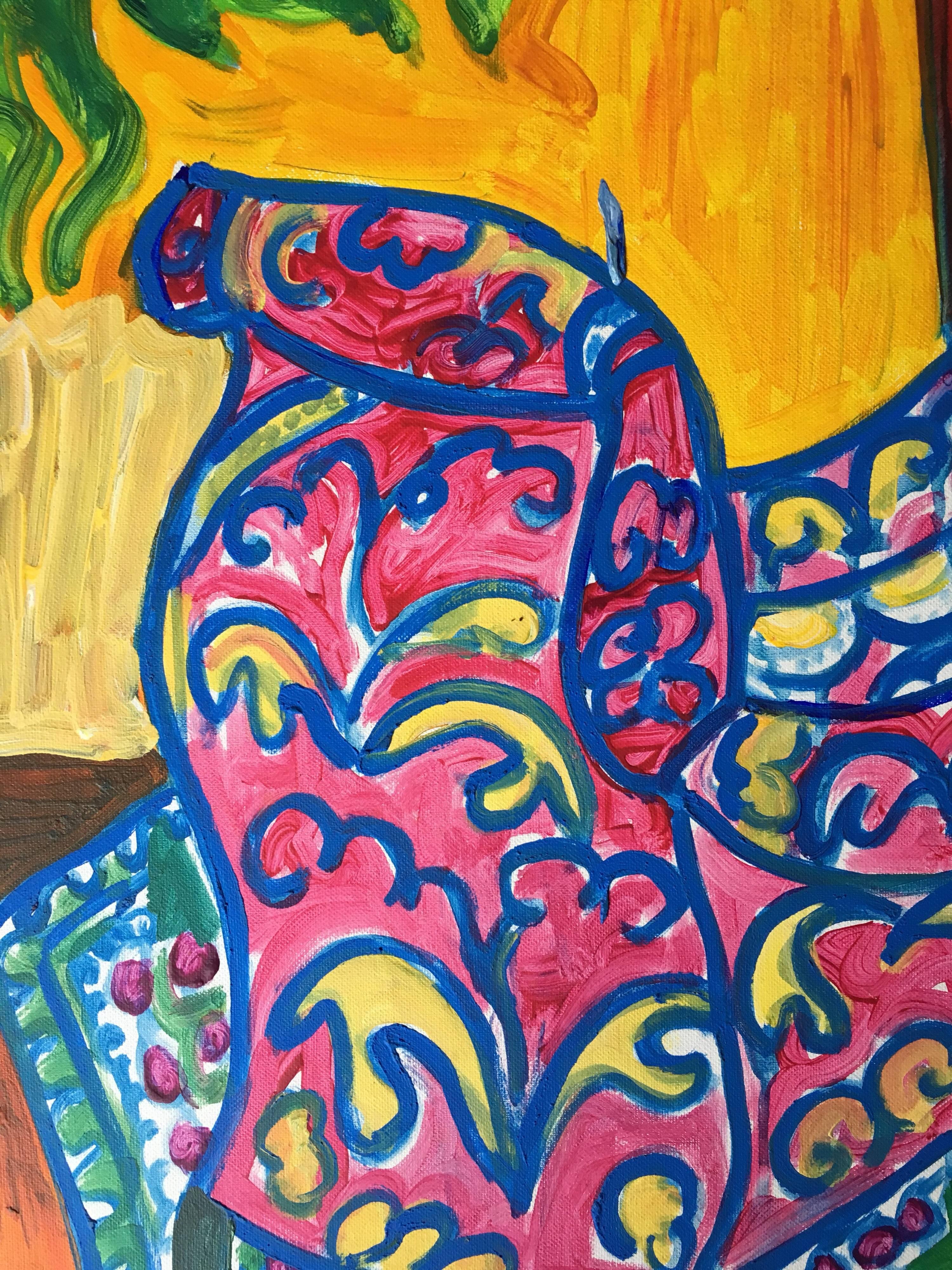 Abstraktes, farbenfrohes Ölgemälde eines Sessels – Painting von Pamela Cawley