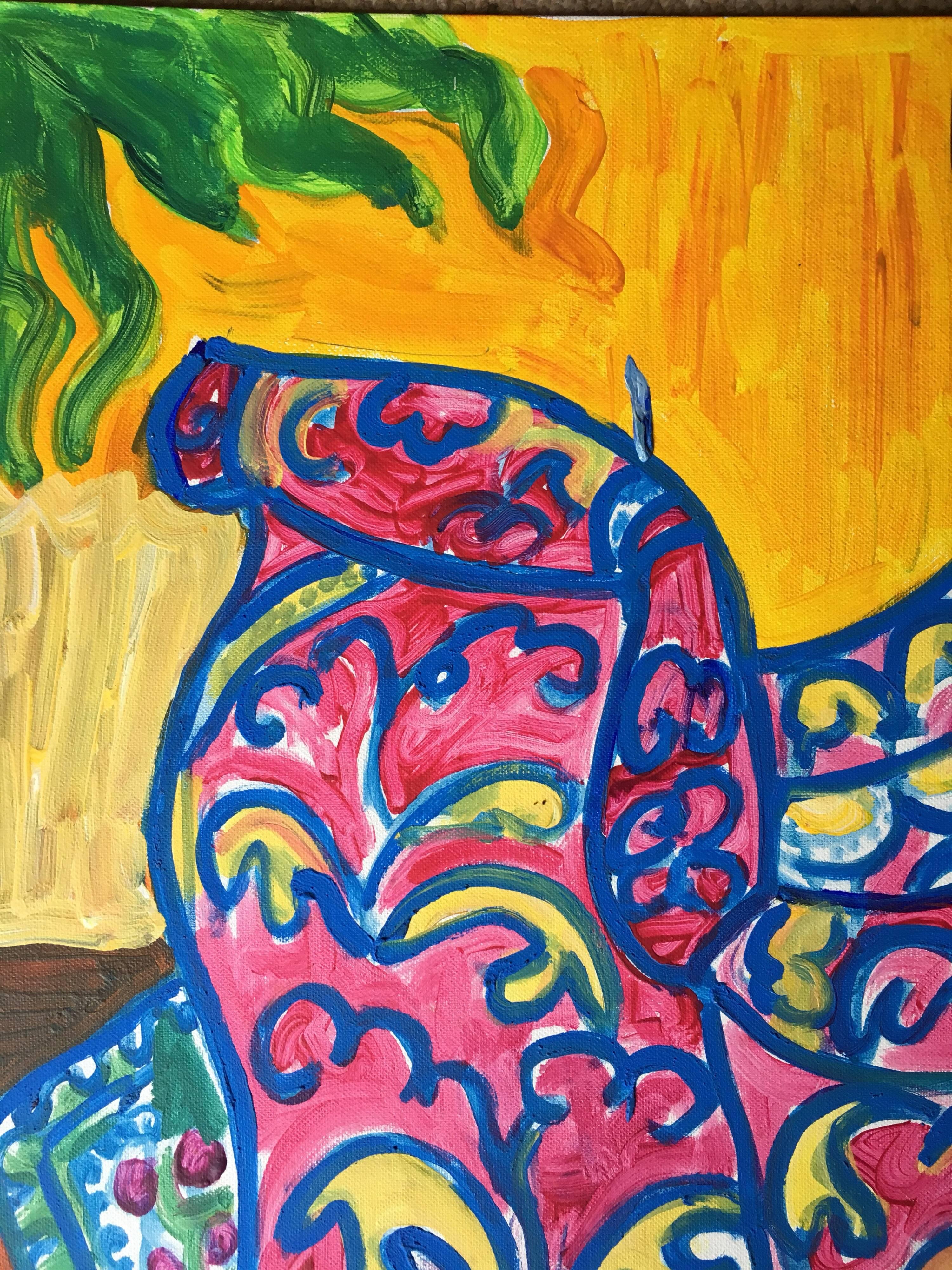 Abstraktes, farbenfrohes Ölgemälde eines Sessels (Orange), Still-Life Painting, von Pamela Cawley