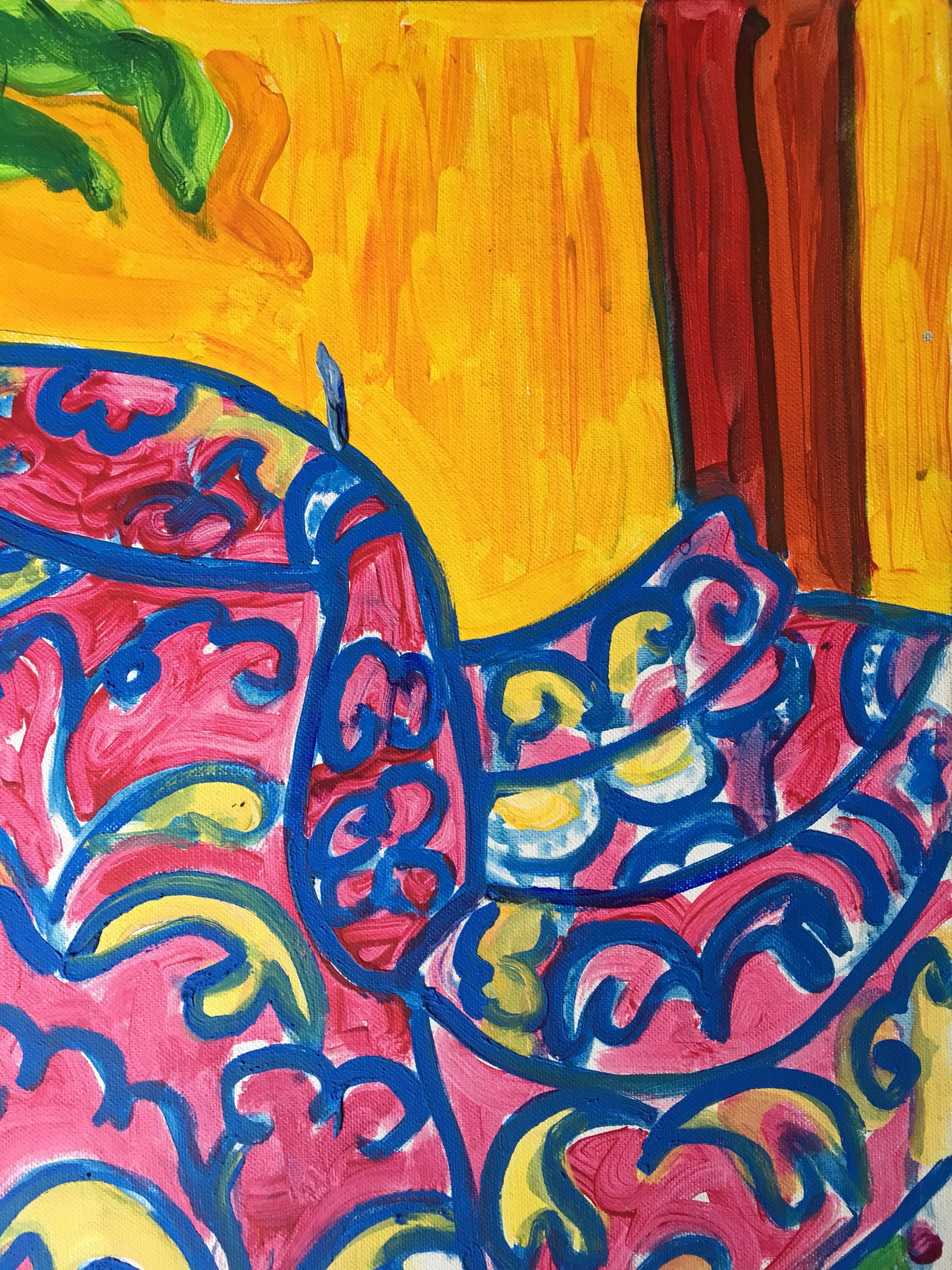 El sillón
de Pamela Cawley, británica del siglo XX
óleo sobre tabla, sin enmarcar
tablero: 20 x 16 pulgadas 

Impresionante óleo impresionista original de la artista británica del siglo XX, Pamela Cawley. La obra tiene una excelente procedencia, ya