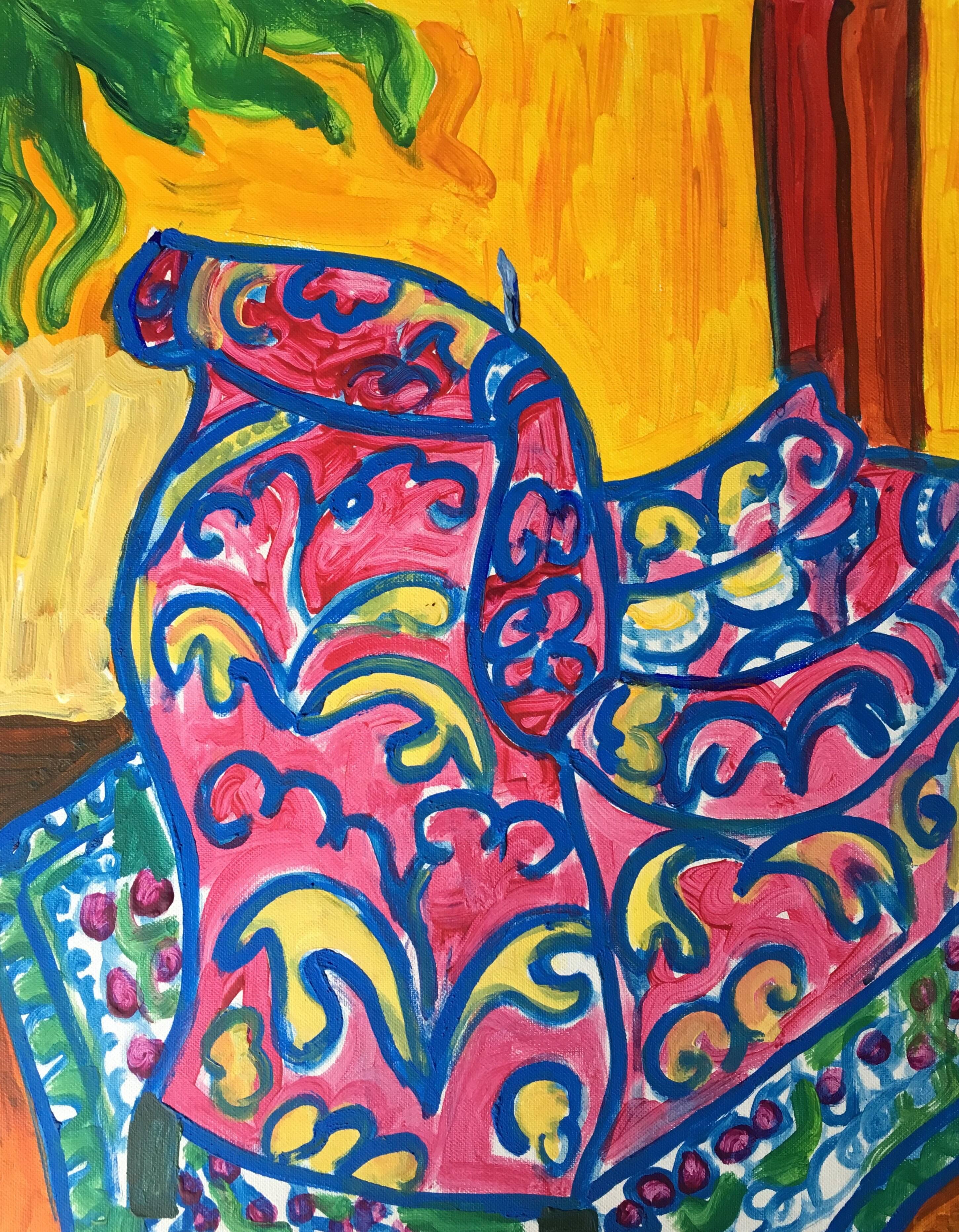 Still-Life Painting de Pamela Cawley - Pintura al óleo abstracta y colorista de un sillón