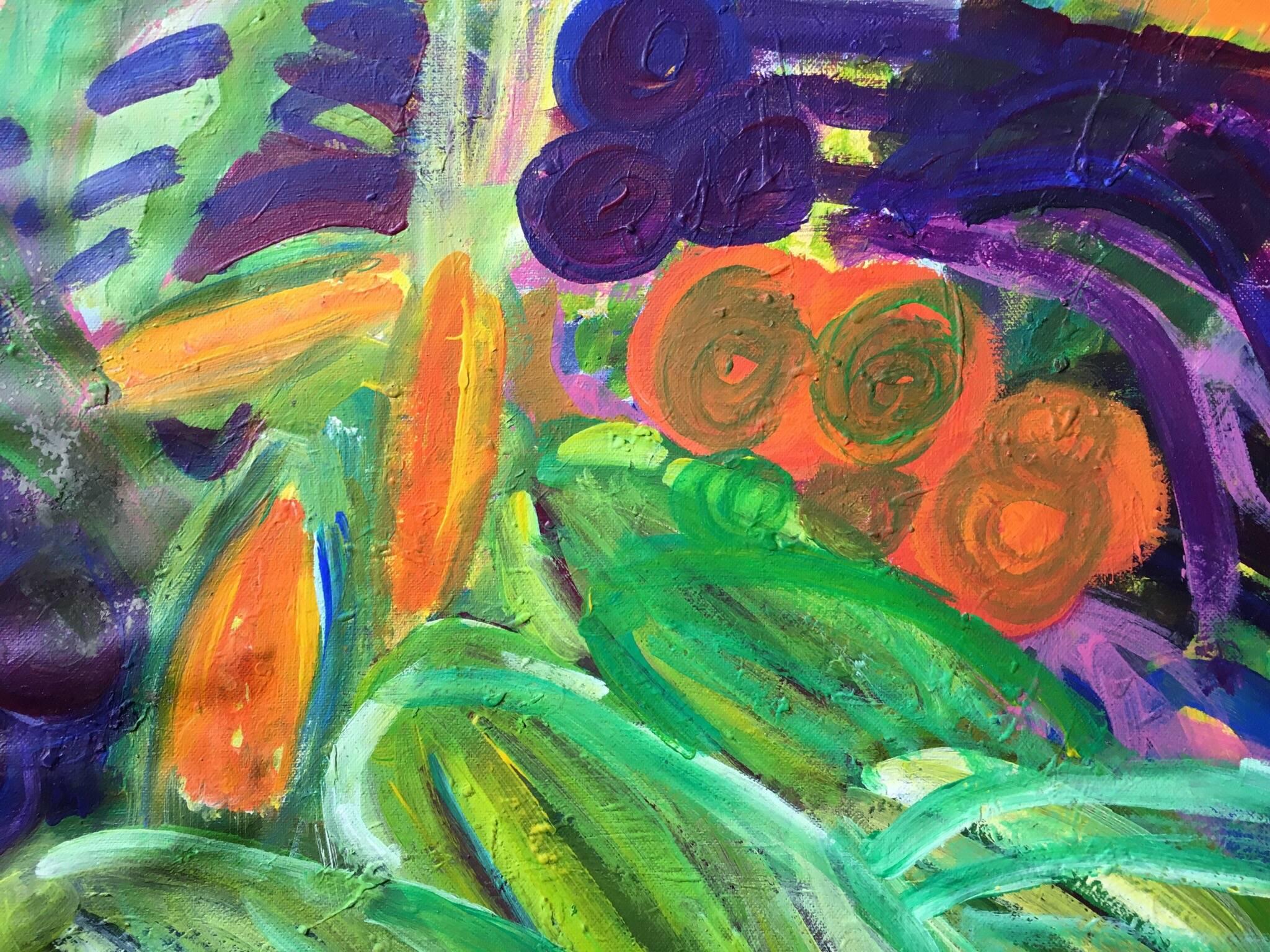 Abstrakte, farbenfrohe Gemüse, Ölgemälde – Painting von Pamela Cawley