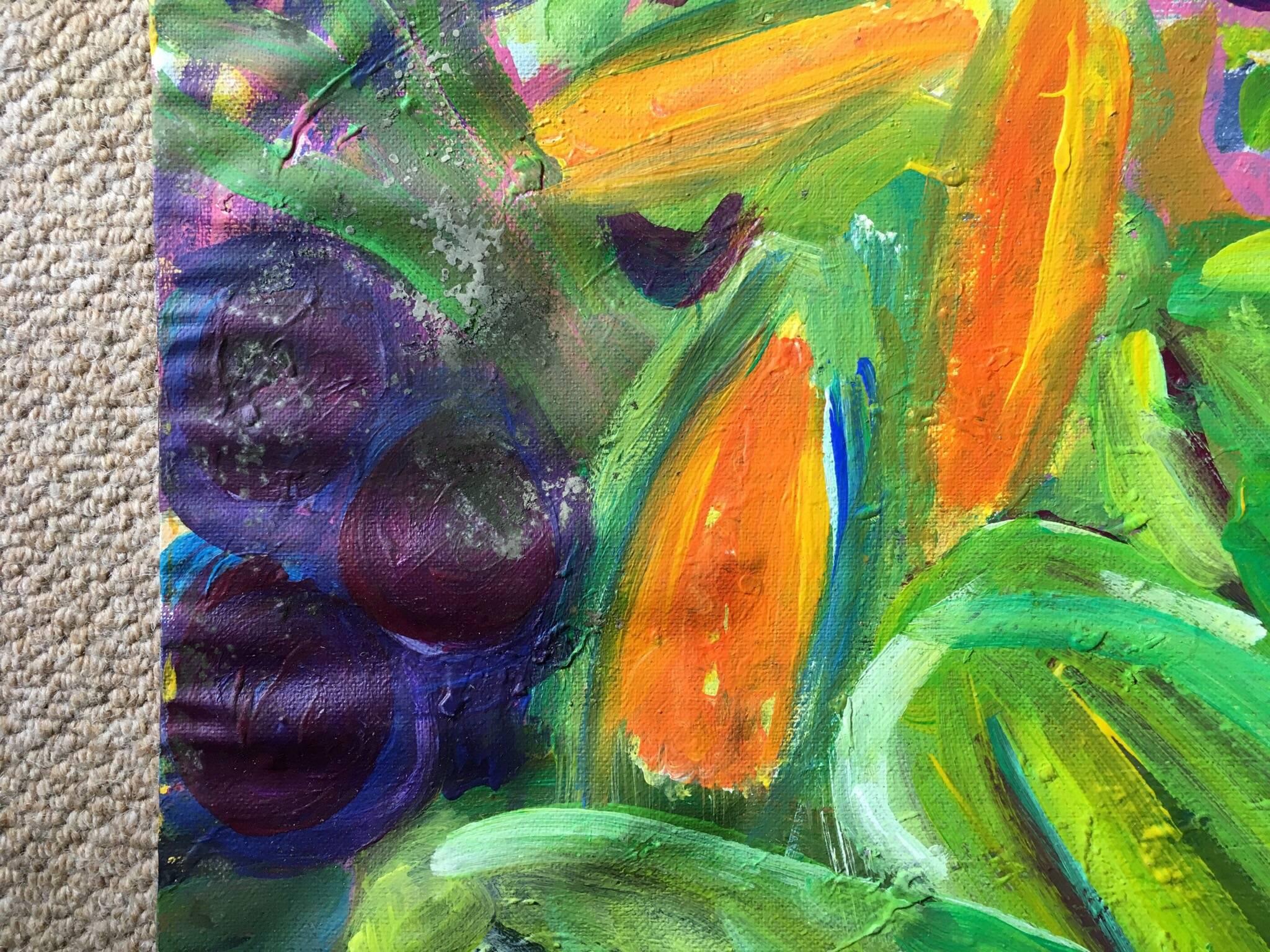 Abstrakte, farbenfrohe Gemüse, Ölgemälde (Grün), Landscape Painting, von Pamela Cawley