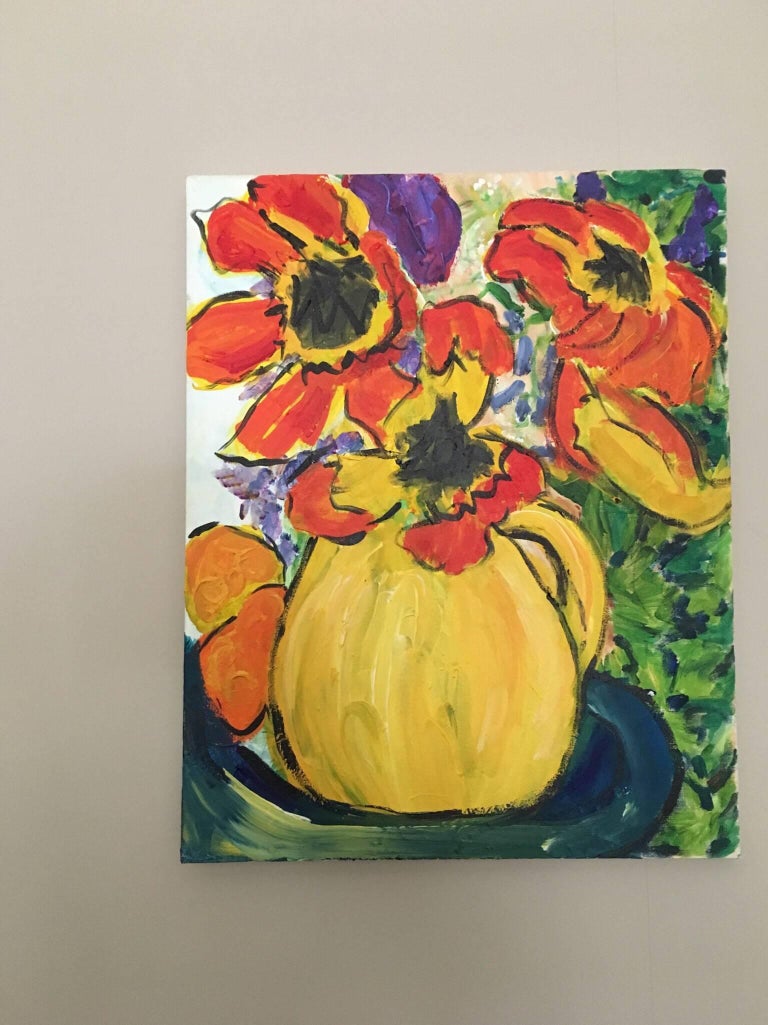 Abstract Flowers in Yellow Vase, Oil Painting
by Pamela Cawley, British 20th century
oil painting on canvas, unframed
canvas:  20 x 16 inches 

Stunning original Impressionist oil painting by the 20th century British artist, Pamela Cawley. The work