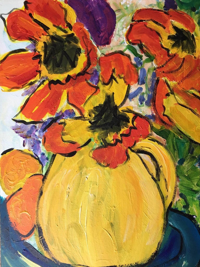 Abstract Flowers in Yellow Vase, Oil Painting For Sale 1