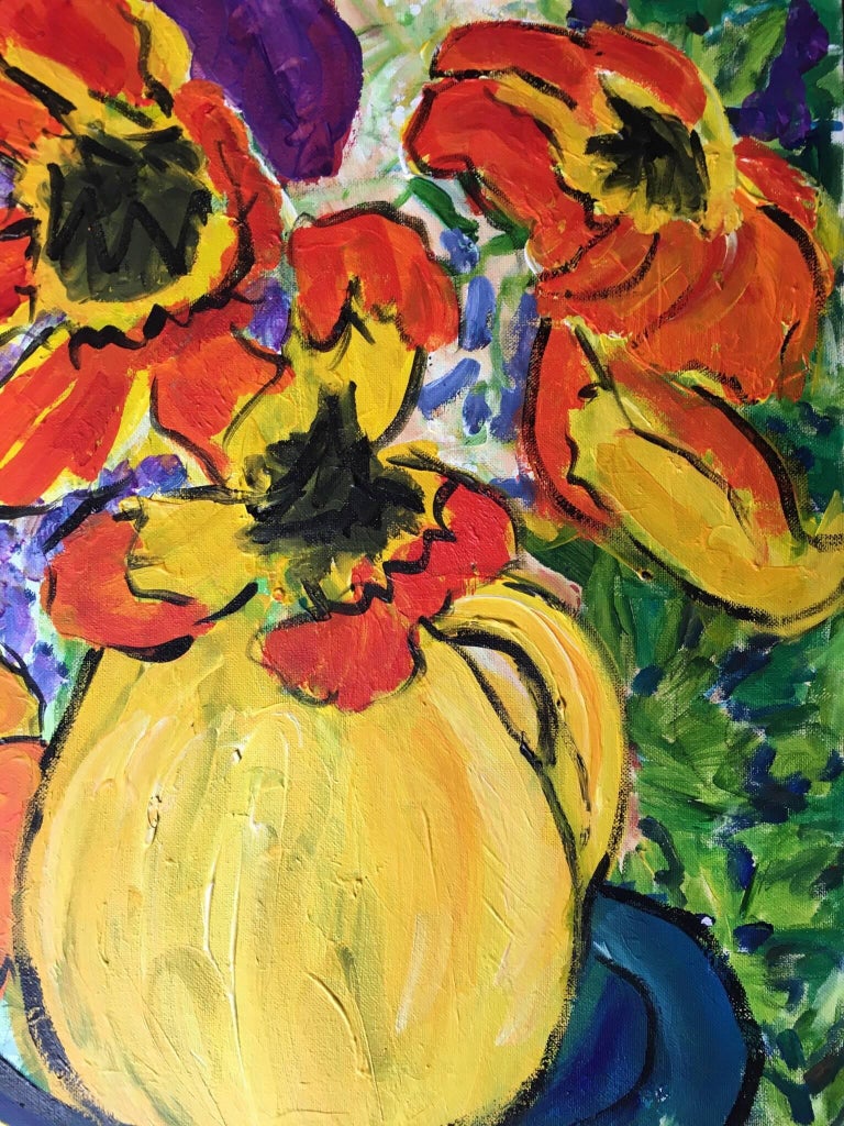 Abstract Flowers in Yellow Vase, Oil Painting For Sale 2