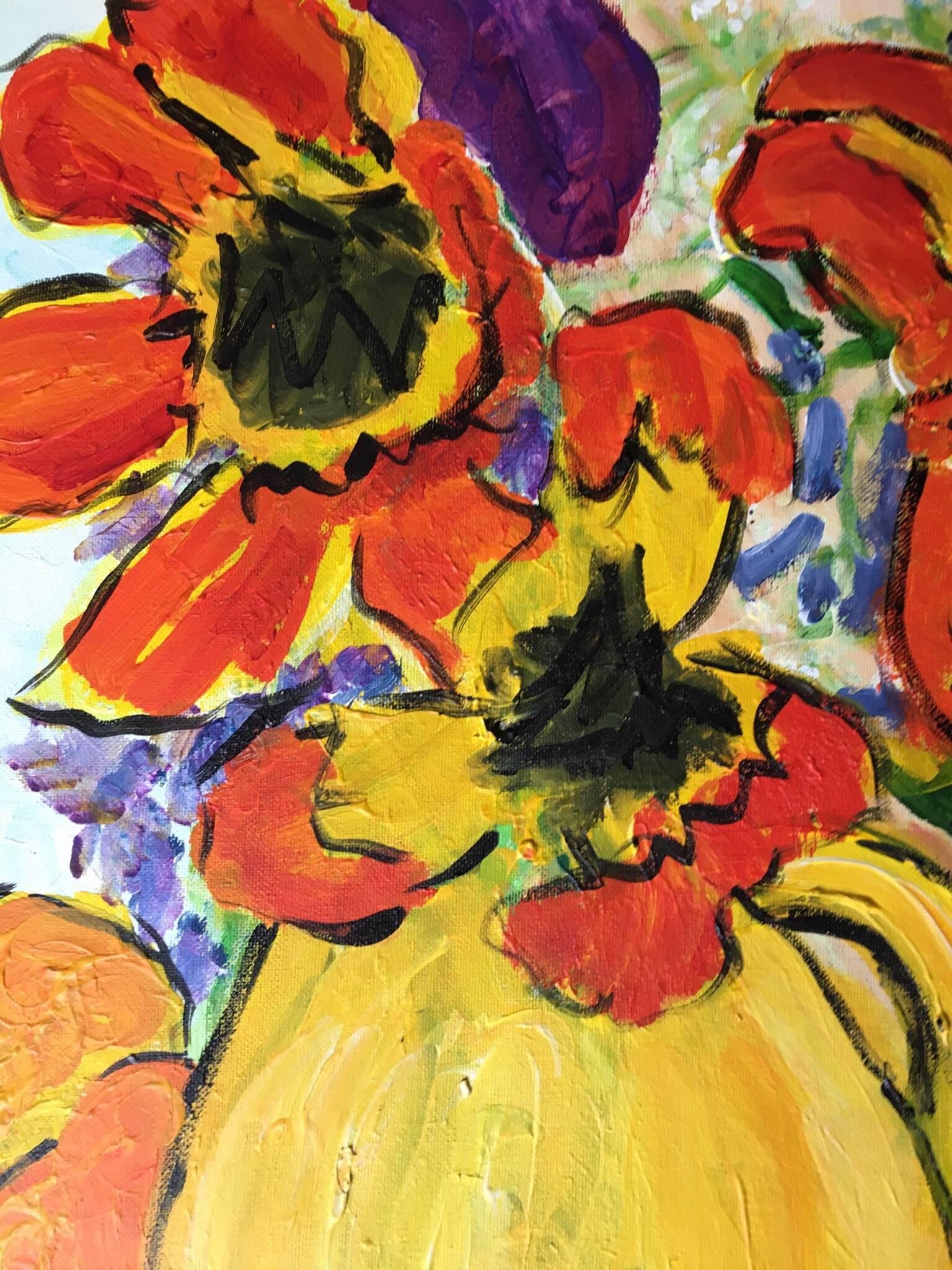 Abstract Flowers in Yellow Vase, Oil Painting
by Pamela Cawley, British 20th century
oil painting on canvas, unframed
canvas:  20 x 16 inches 

Stunning original Impressionist oil painting by the 20th century British artist, Pamela Cawley. The work