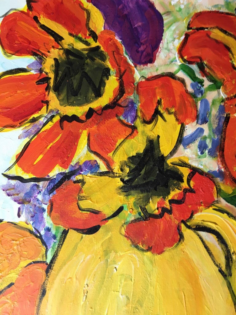 Abstract Flowers in Yellow Vase, Oil Painting For Sale 3