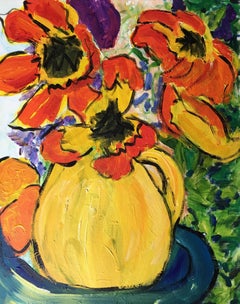 Abstract Flowers in Yellow Vase, Oil Painting