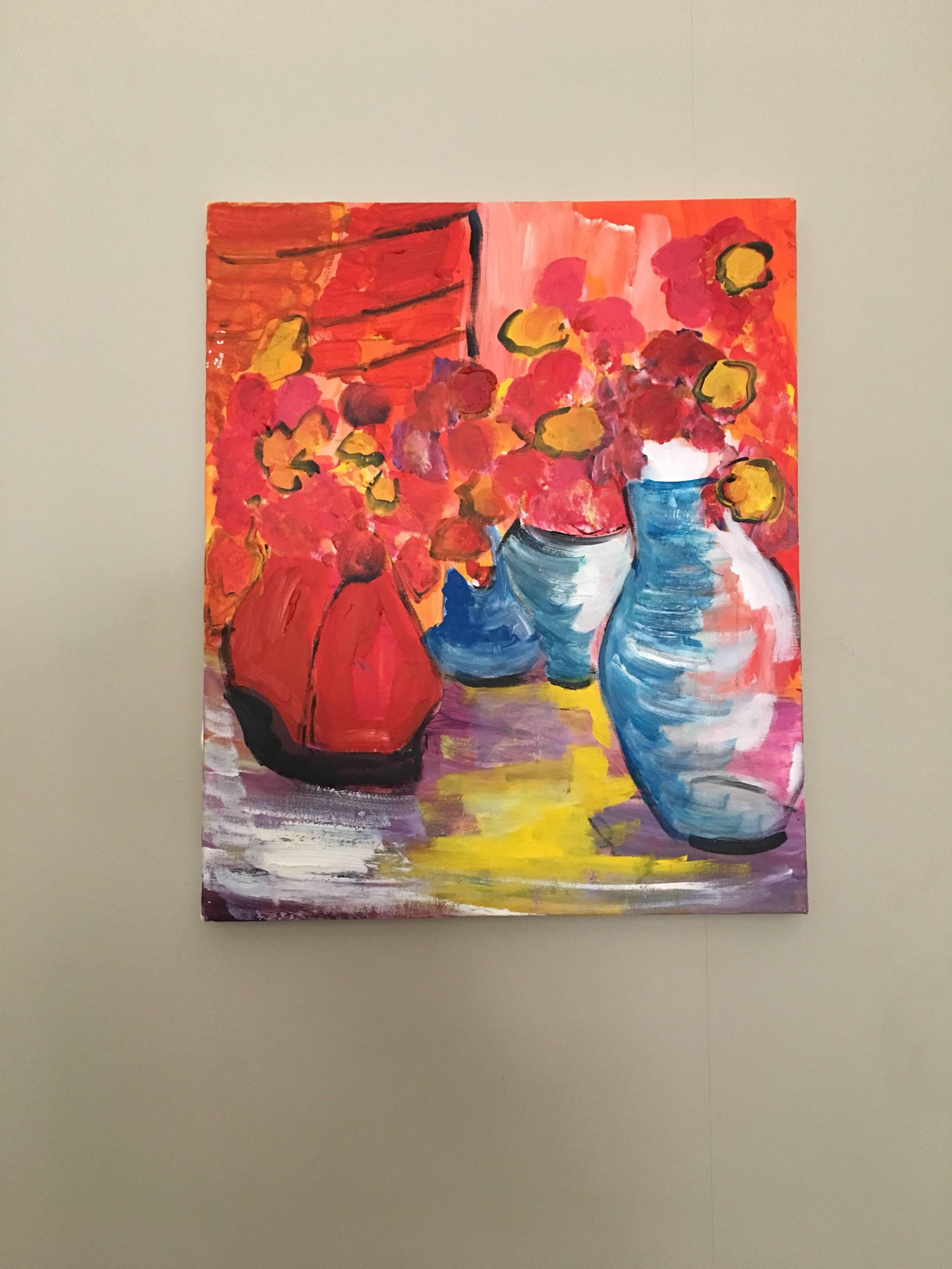 Abstrakter abstrakter Impressionist mit roten Pflanzgefäßen, Ölgemälde – Painting von Pamela Cawley