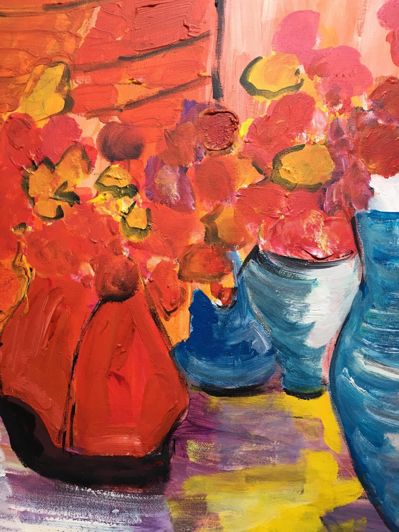 Abstrakter abstrakter Impressionist mit roten Pflanzgefäßen, Ölgemälde (Impressionismus), Painting, von Pamela Cawley