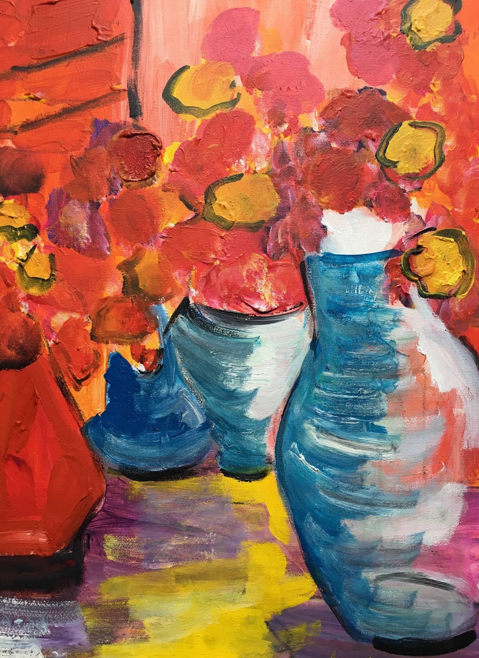 Abstrakter abstrakter Impressionist mit roten Pflanzgefäßen, Ölgemälde (Orange), Still-Life Painting, von Pamela Cawley