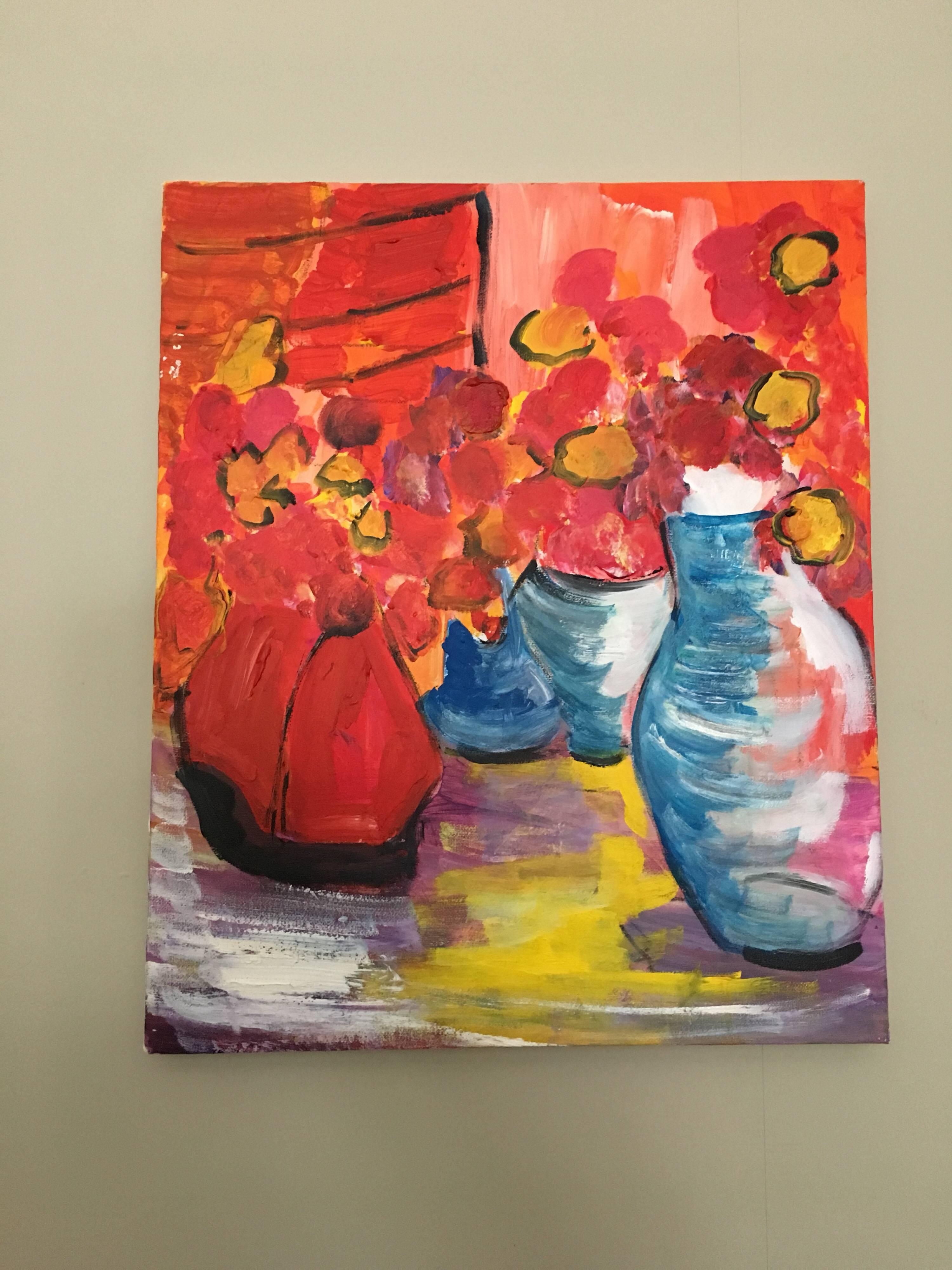 Abstrakter abstrakter Impressionist mit roten Pflanzgefäßen, Ölgemälde im Angebot 1