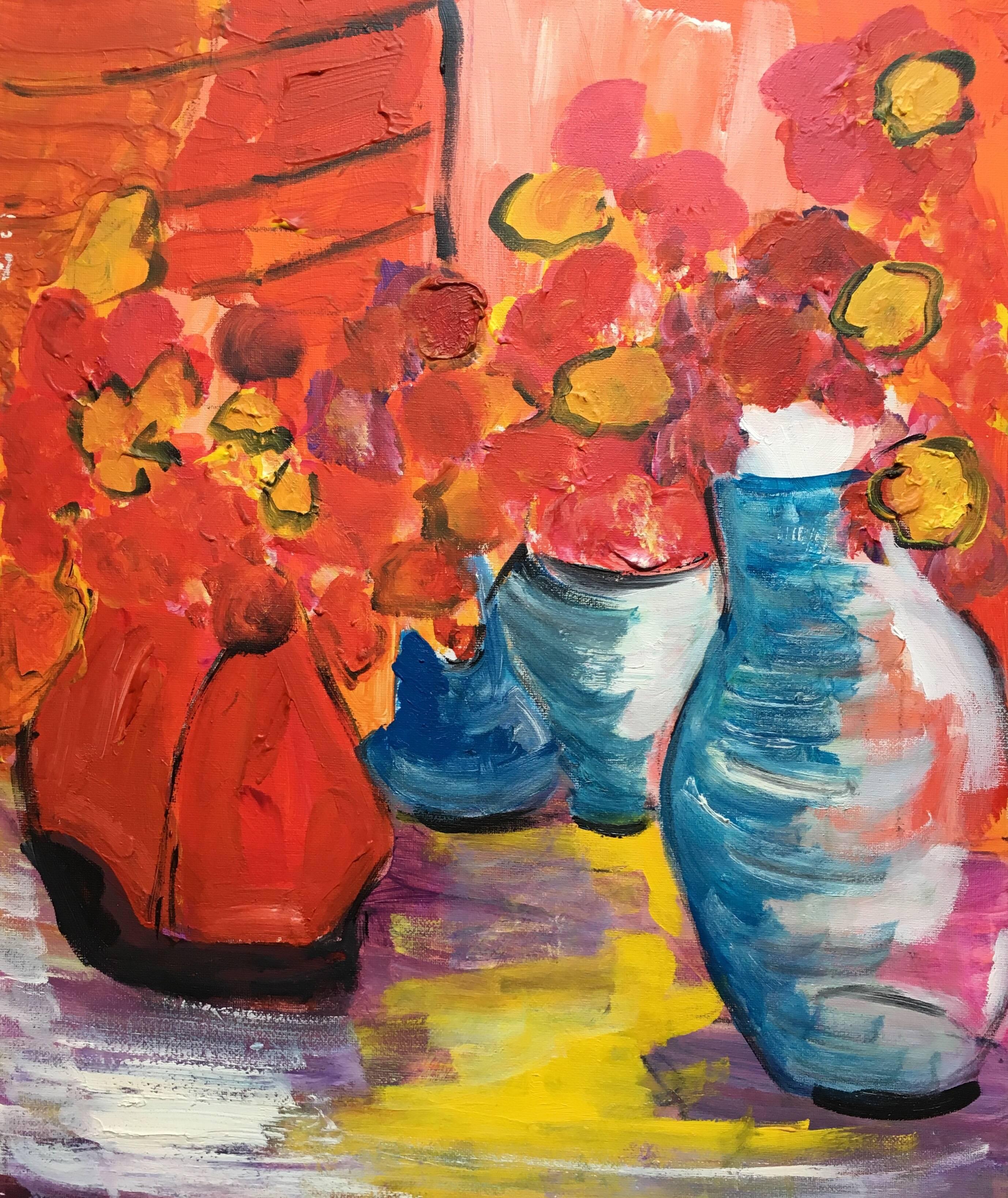 Pamela Cawley Still-Life Painting – Abstrakter abstrakter Impressionist mit roten Pflanzgefäßen, Ölgemälde