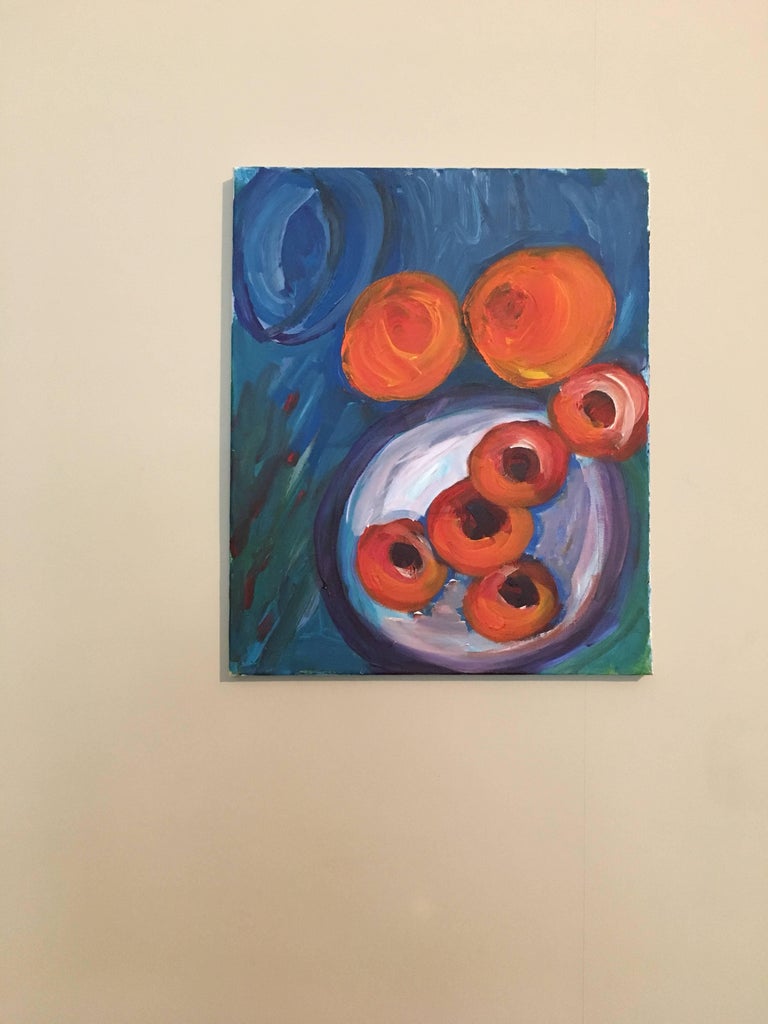 Abstract Oranges, Still Life, Rich Colourful Oil Painting - Blue Landscape Painting by Pamela Cawley
