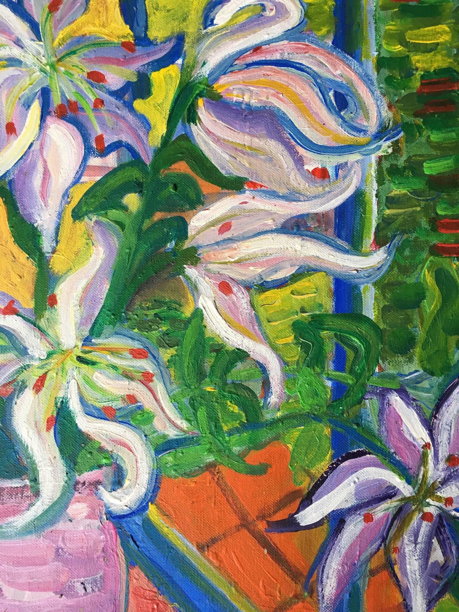 Abstract Vase of Lilies, Colourful Oil Painting
by Pamela Cawley, British 20th century
oil painting on board, unframed
board: 20 x 16 inches 

Stunning original Impressionist oil painting by the 20th century British artist, Pamela Cawley. The work