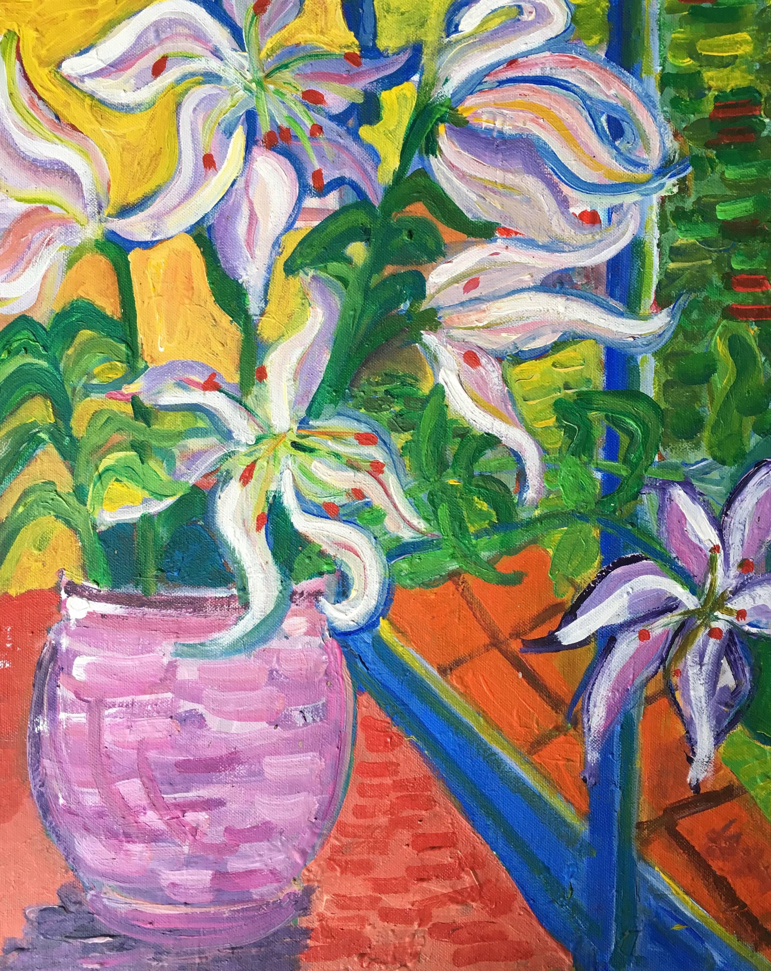 Pamela Cawley Landscape Painting - Abstract Vase of Lilies, Colourful Oil Painting