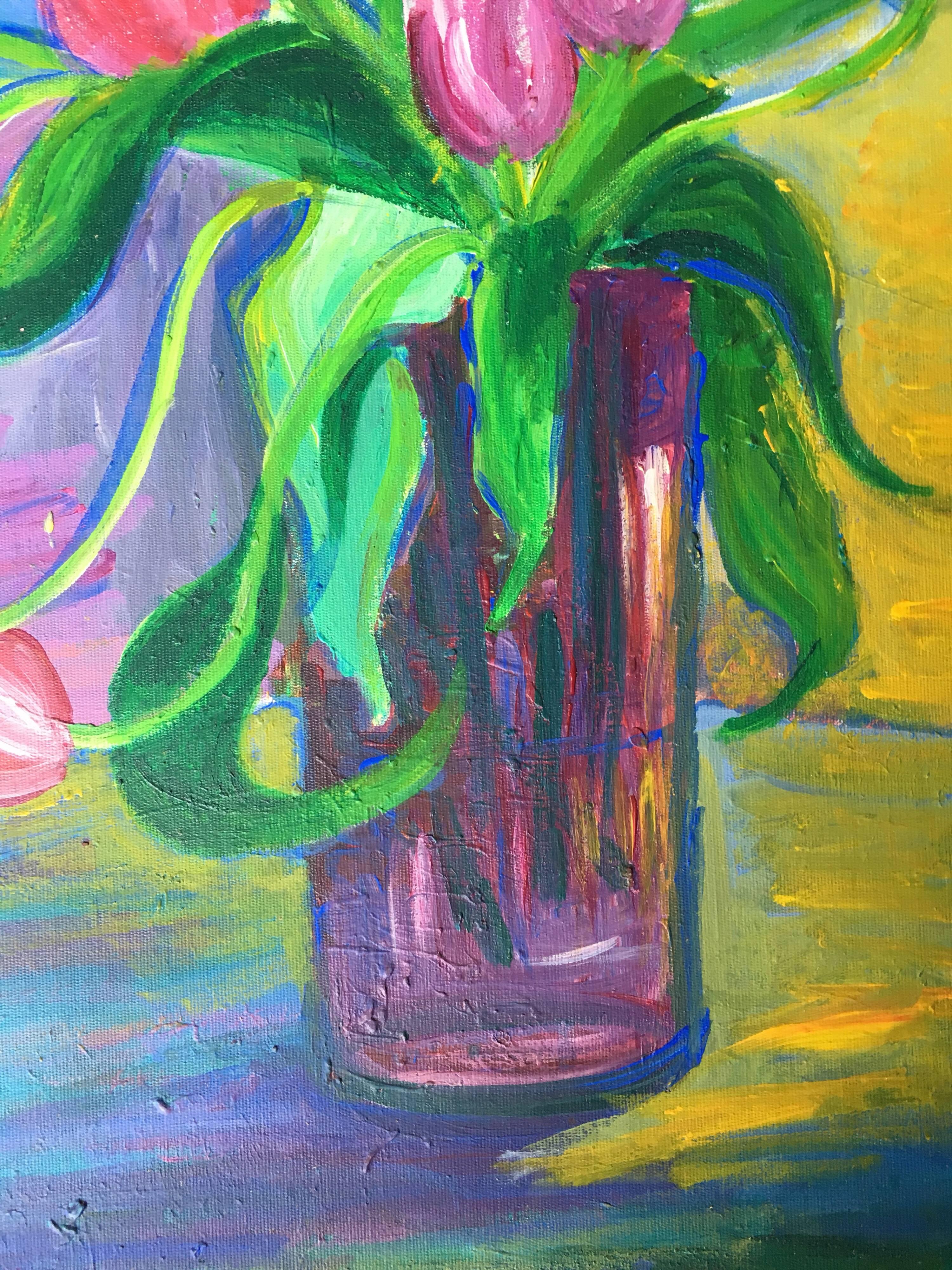 Abstract Vase of Tulips, Colourful Oil Painting - Gray Still-Life Painting by Pamela Cawley