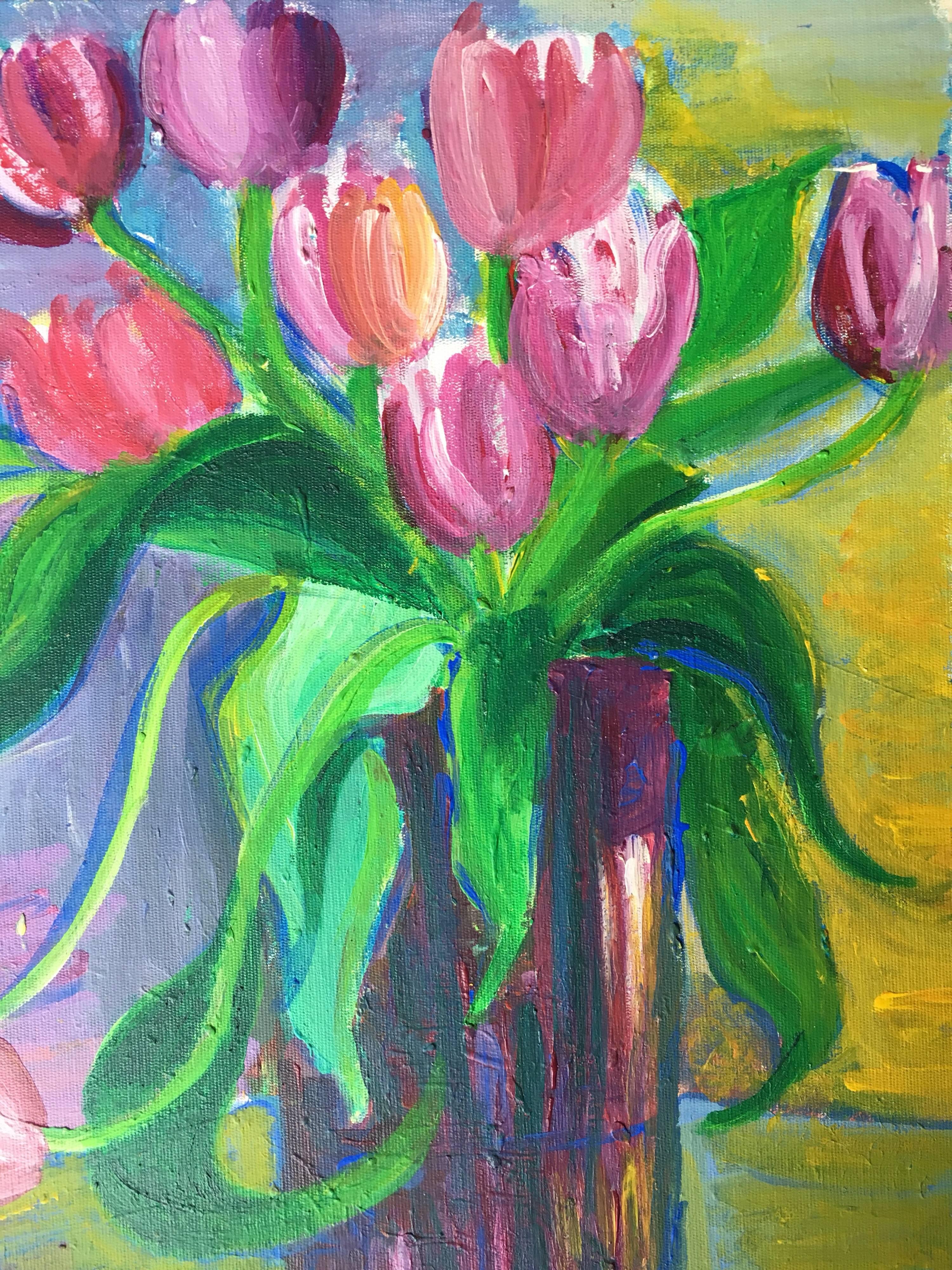 Abstract Vase of Tulips, Colourful Oil Painting
by Pamela Cawley, British 20th century
oil painting on board, unframed
board: 20 x 16 inches 

Stunning original Impressionist oil painting by the 20th century British artist, Pamela Cawley. The work