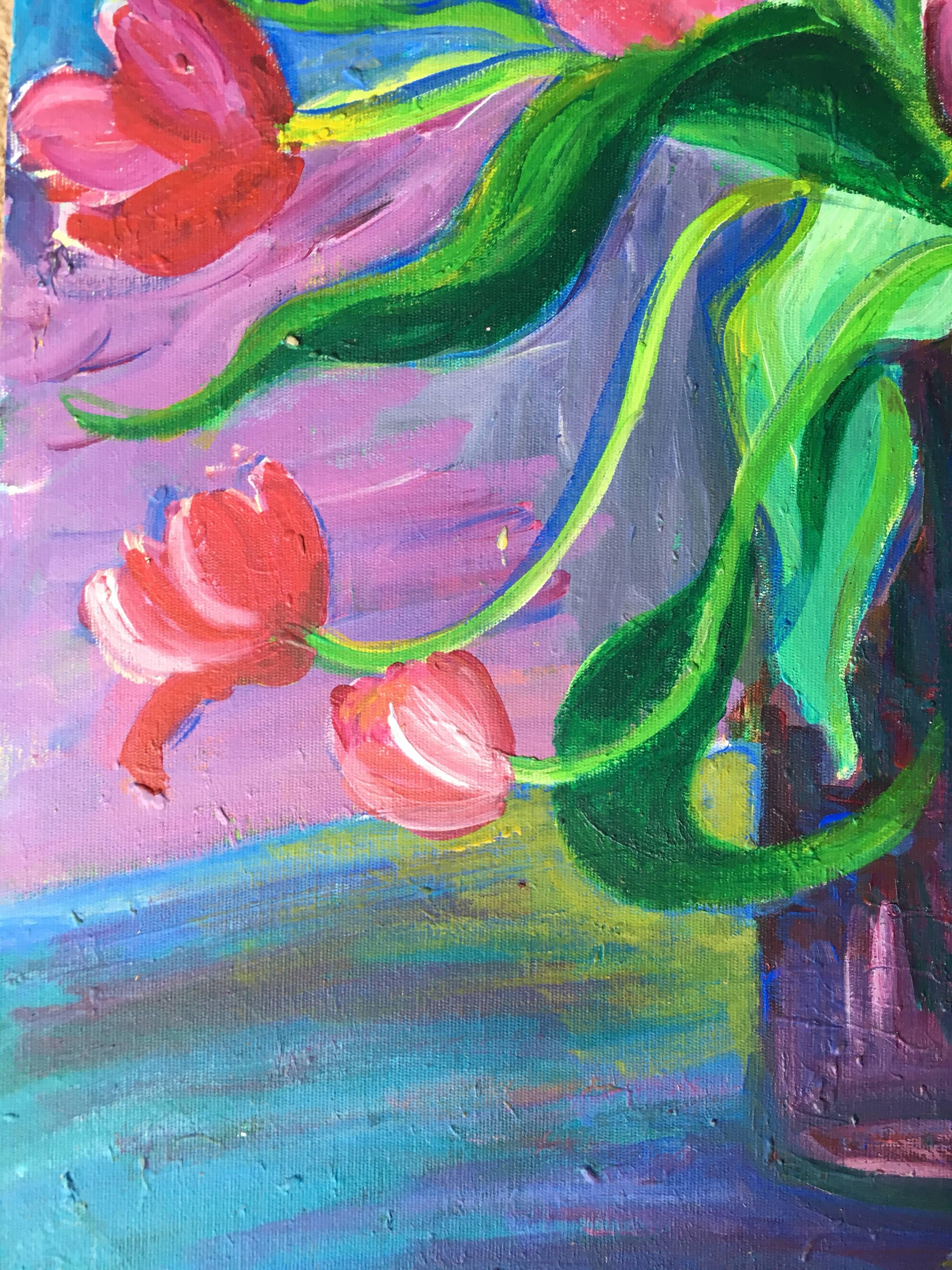 Abstract Vase of Tulips, Colourful Oil Painting 1