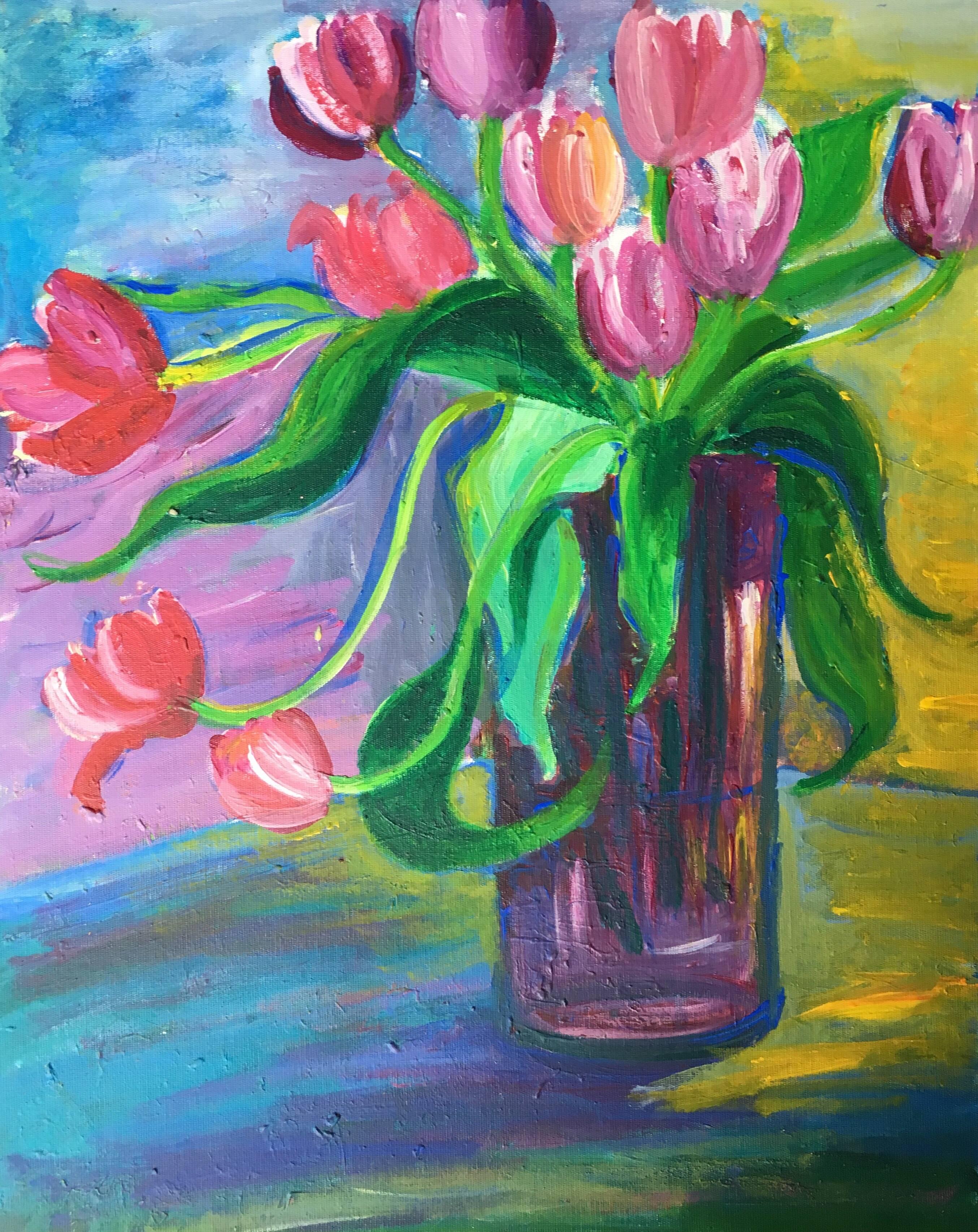 Abstract Vase of Tulips, Colourful Oil Painting