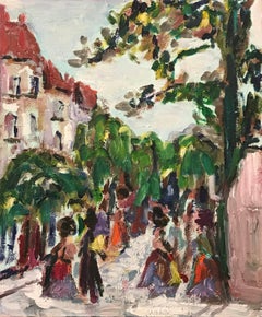 Busy French Street Scene with Figures Impressionist Oil Painting