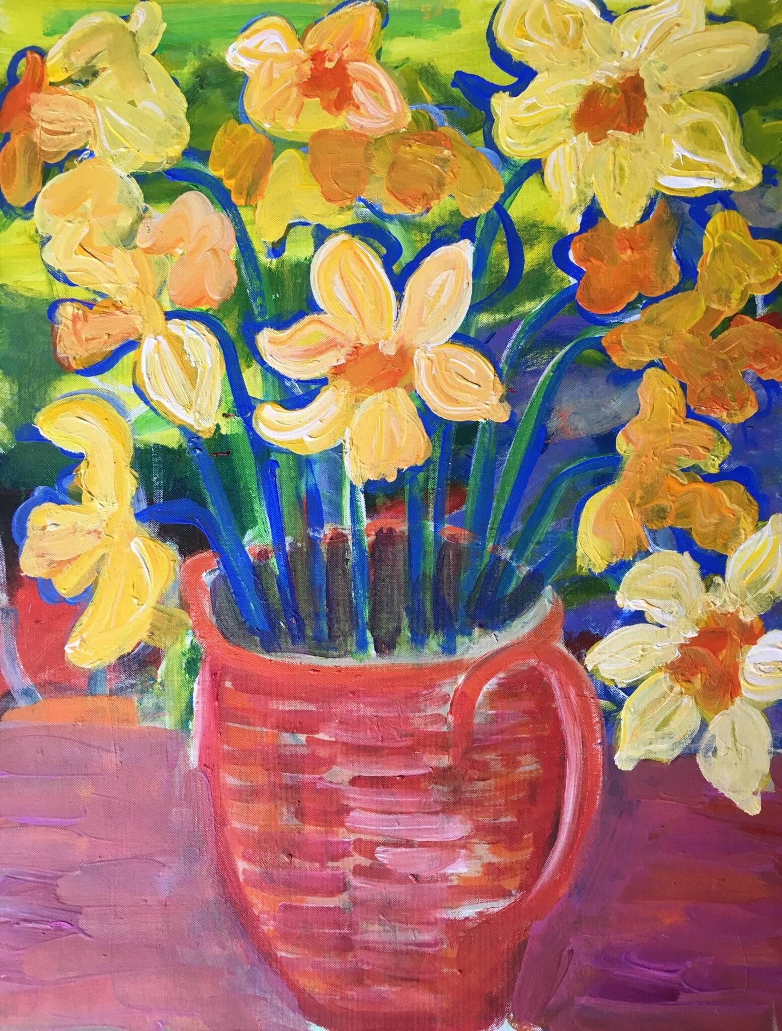 Daffodils Impressionist, Bright Colours, Oil Painting - Brown Landscape Painting by Pamela Cawley
