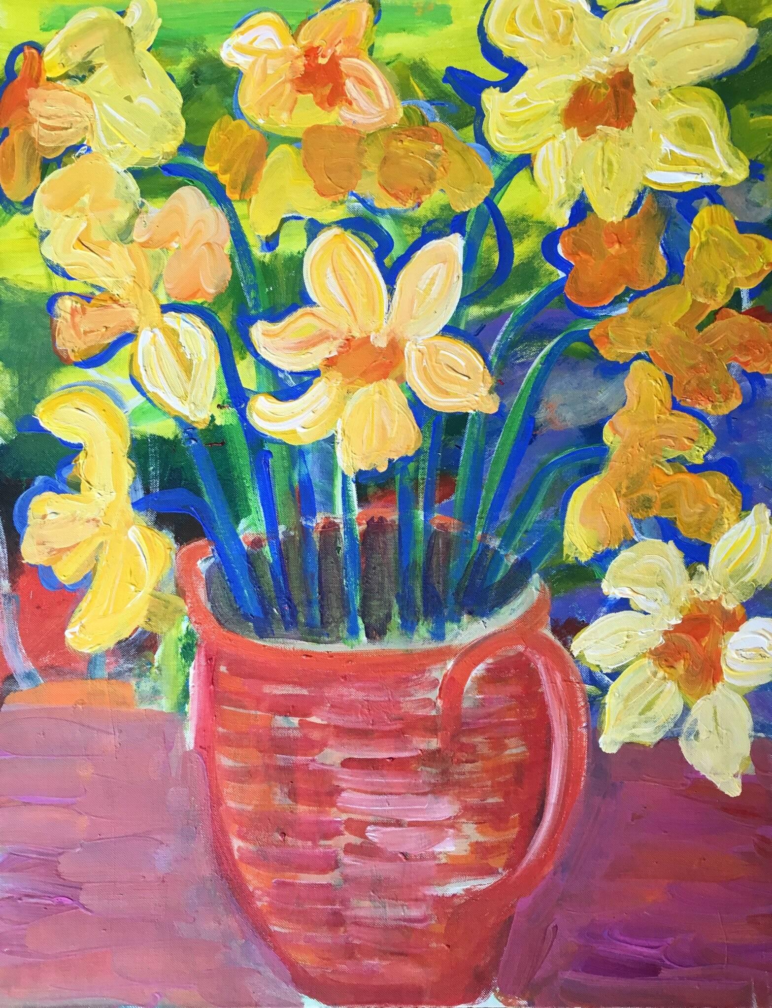 Pamela Cawley Landscape Painting - Daffodils Impressionist, Bright Colours, Oil Painting