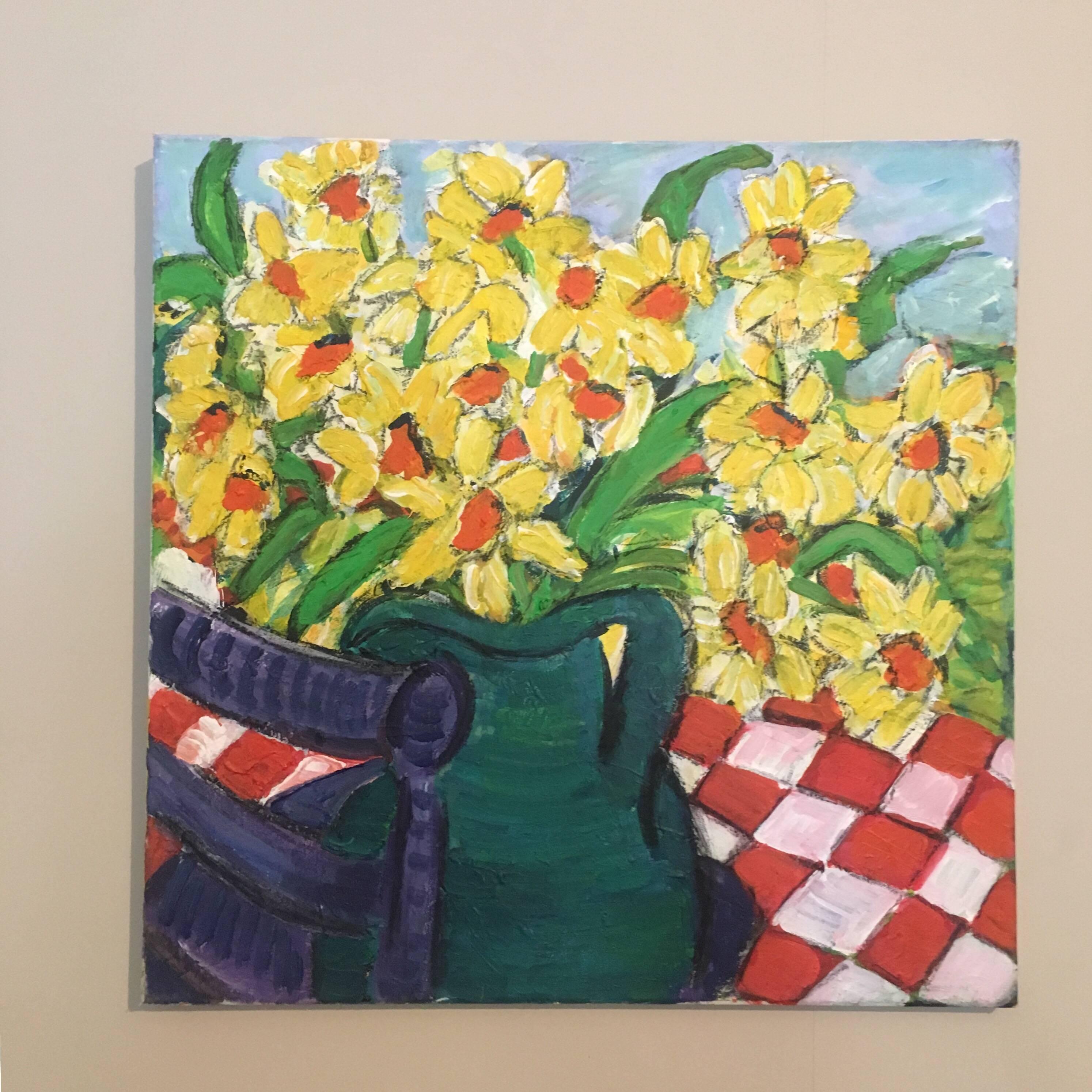Daffodils in a Green Vase Flower Oil Painting, British Artist - Brown Still-Life Painting by Pamela Cawley