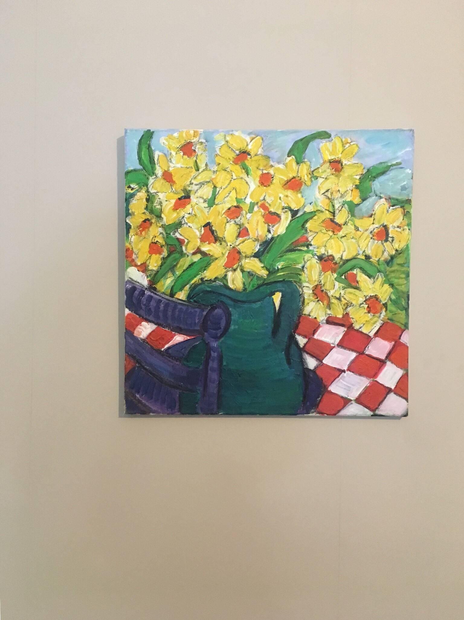 Daffodils in a Green Vase, Flower Oil Painting, British Artist
by Pamela Cawley, British 20th century
oil painting on canvas, unframed

canvas: 20 x 20 inches 

Stunning original Impressionist oil painting by the 20th century British artist, Pamela