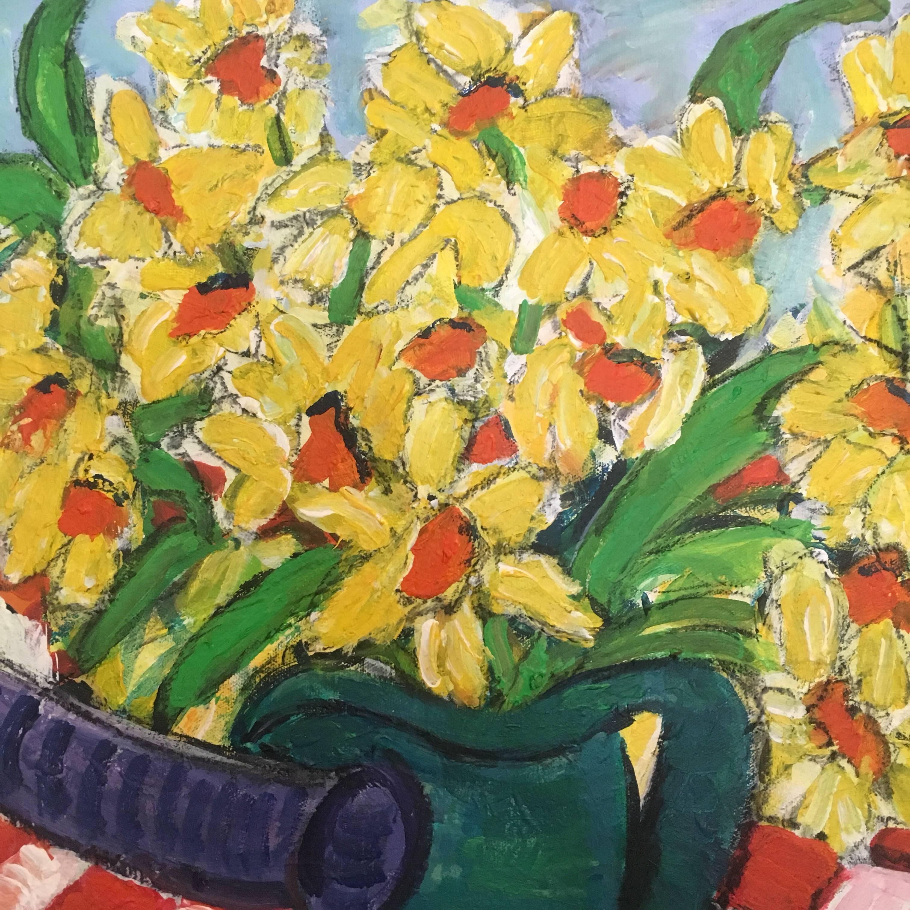 Daffodils in a Green Vase Flower Oil Painting, British Artist 1