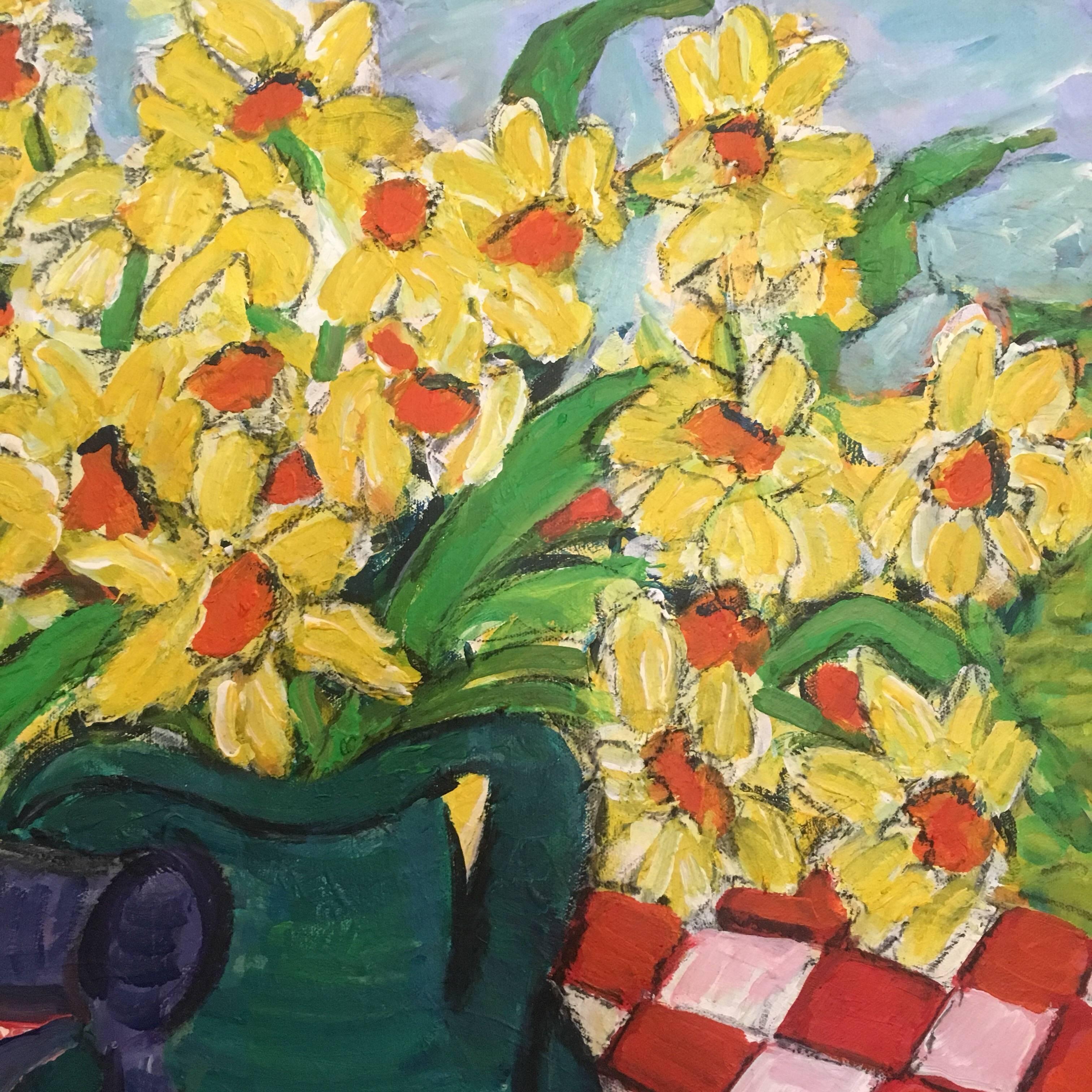 Daffodils in a Green Vase Flower Oil Painting, British Artist 2