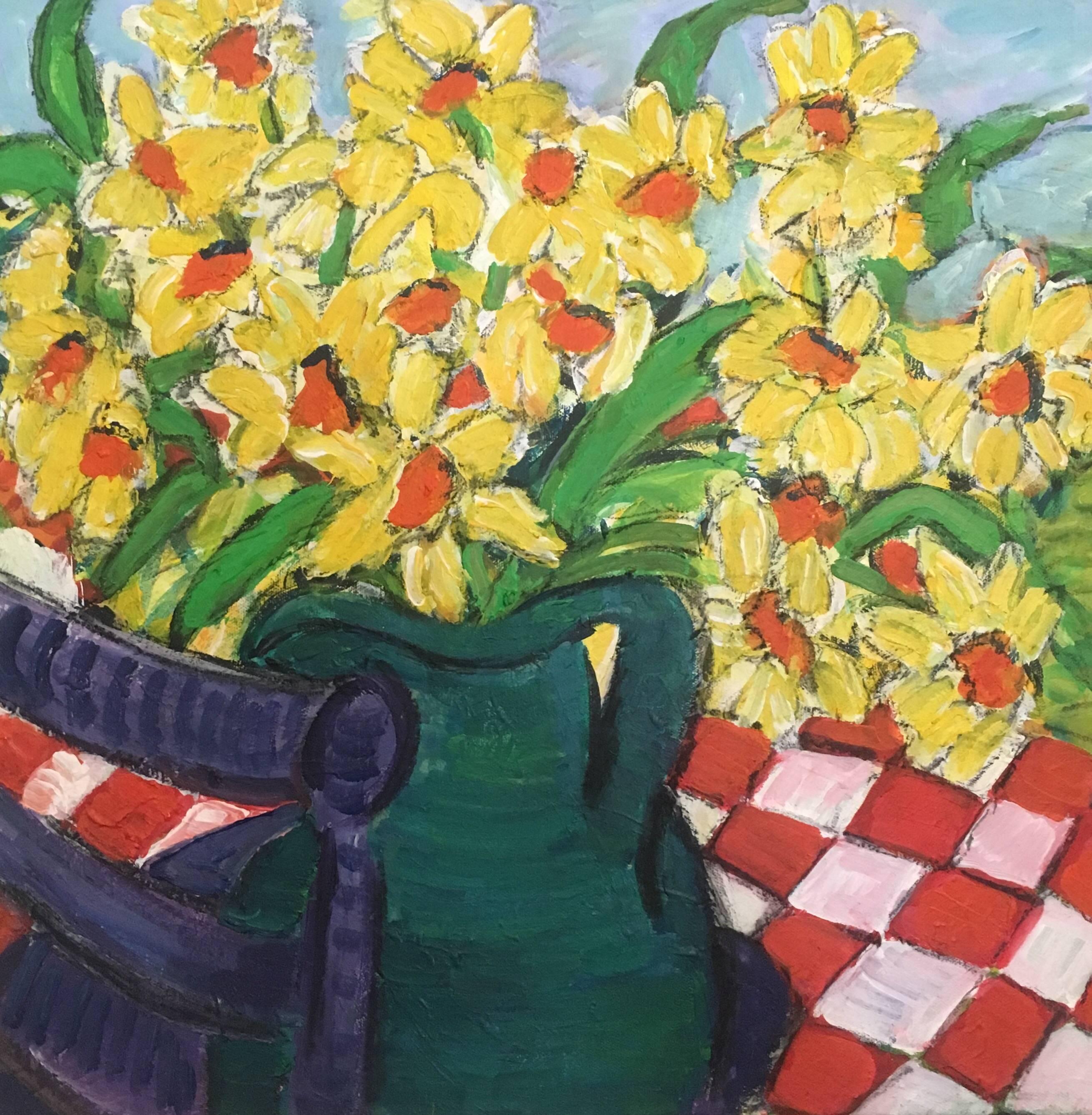 Pamela Cawley Still-Life Painting - Daffodils in a Green Vase Flower Oil Painting, British Artist