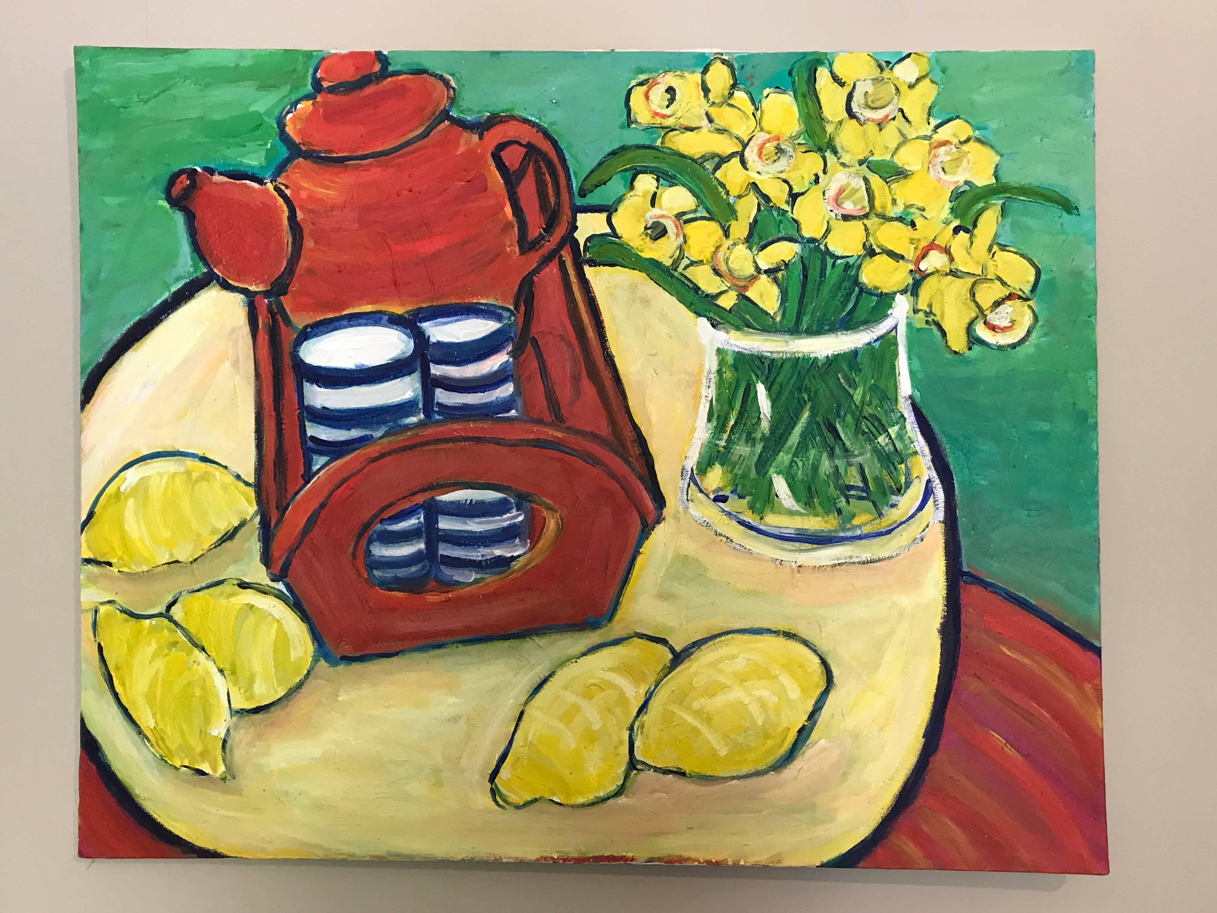 Daffodils, Lemons & Coffee Pot Large British Impressionist Oil - Painting by Pamela Cawley