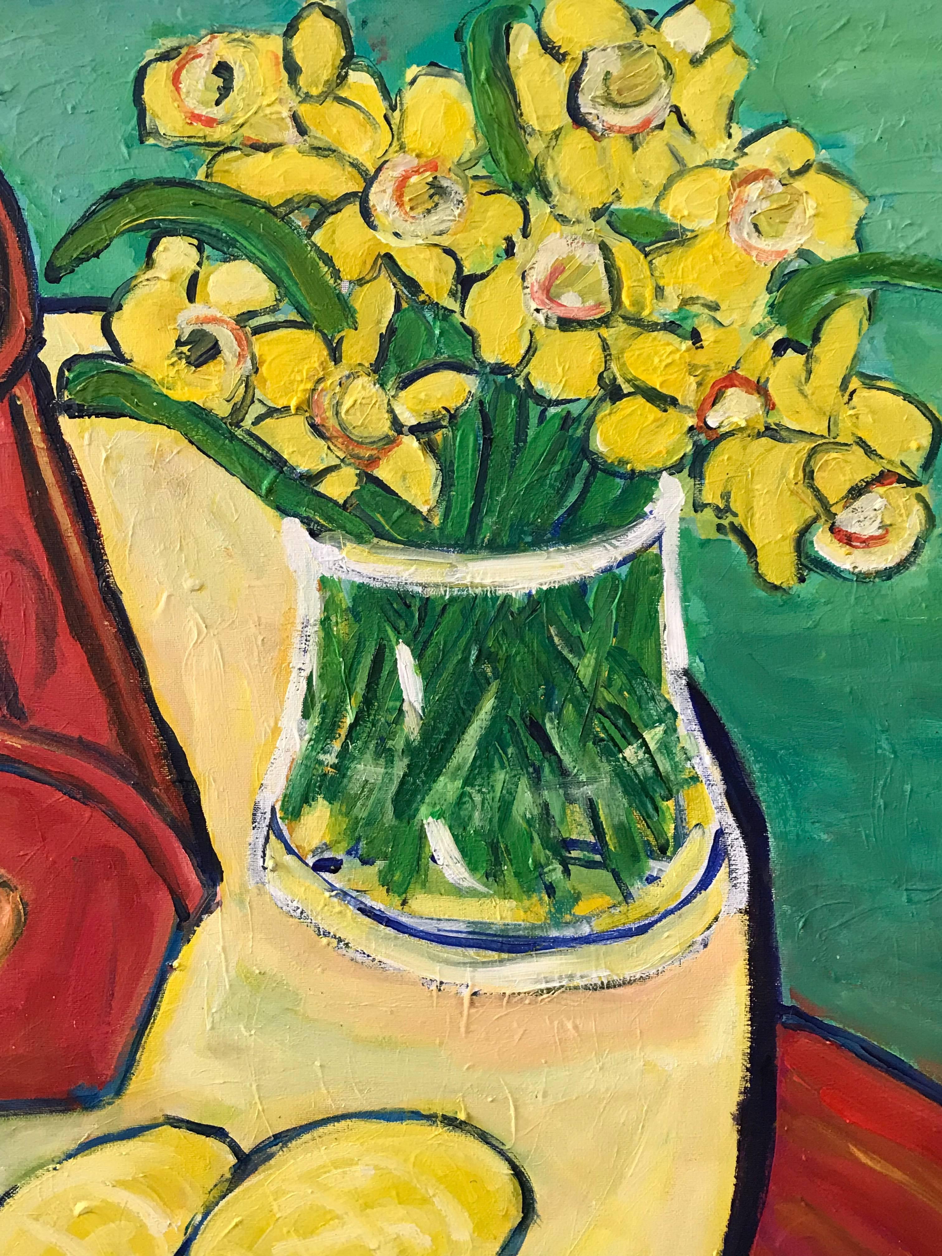 Daffodils, Lemons & Coffee Pot Large British Impressionist Oil 1