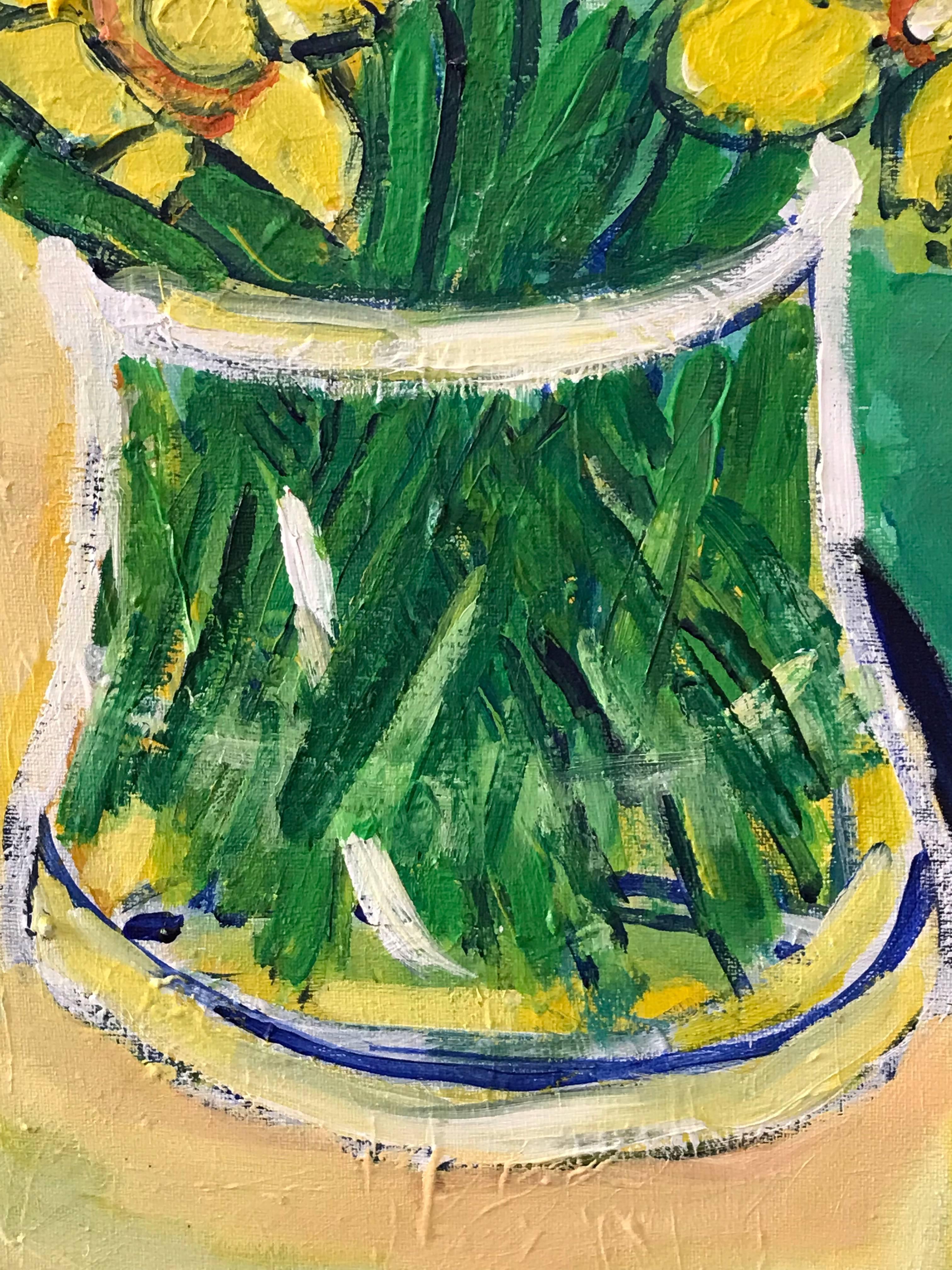 Daffodils, Lemons & Coffee Pot Large British Impressionist Oil 2