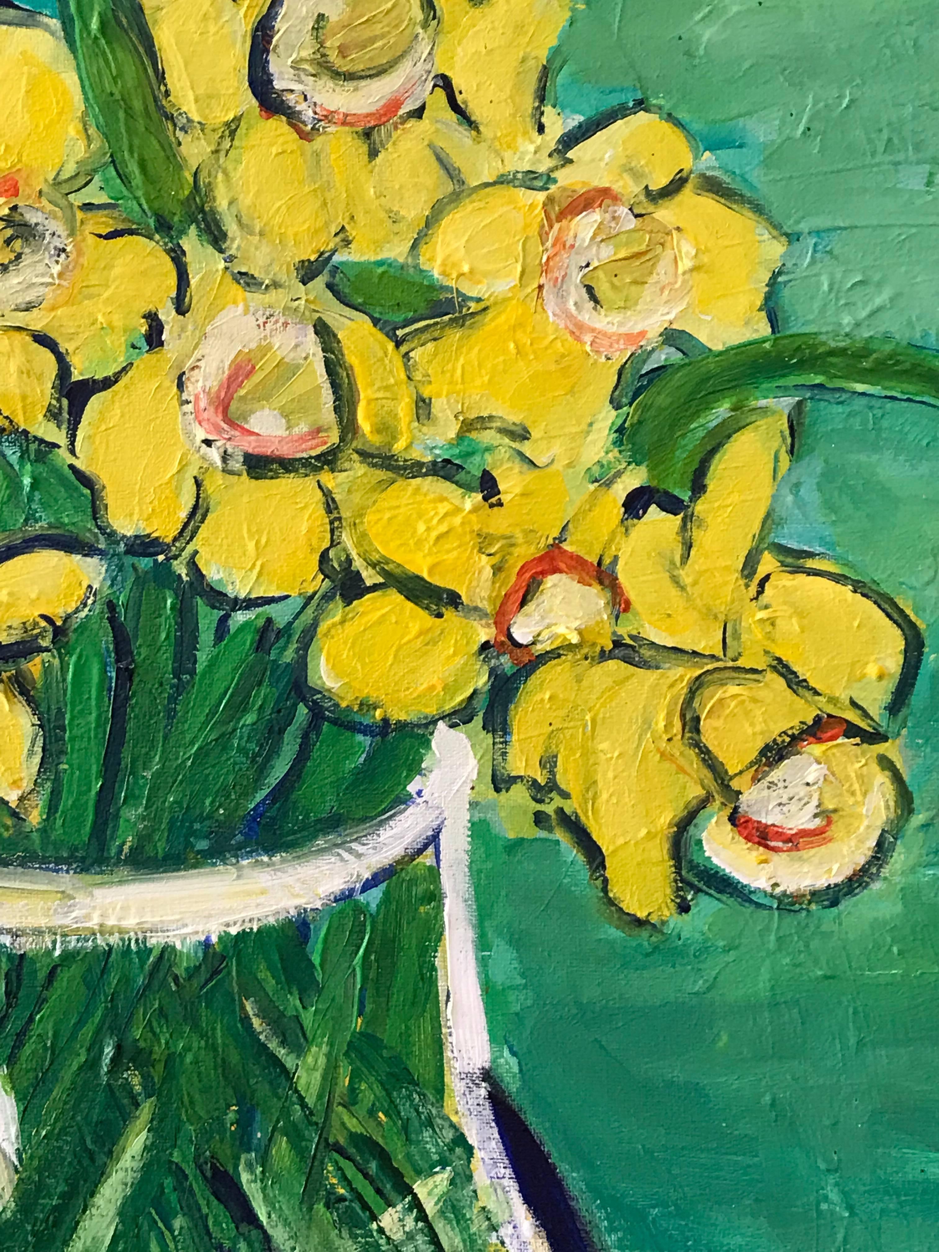 Daffodils, Lemons & Coffee Pot Large British Impressionist Oil 3