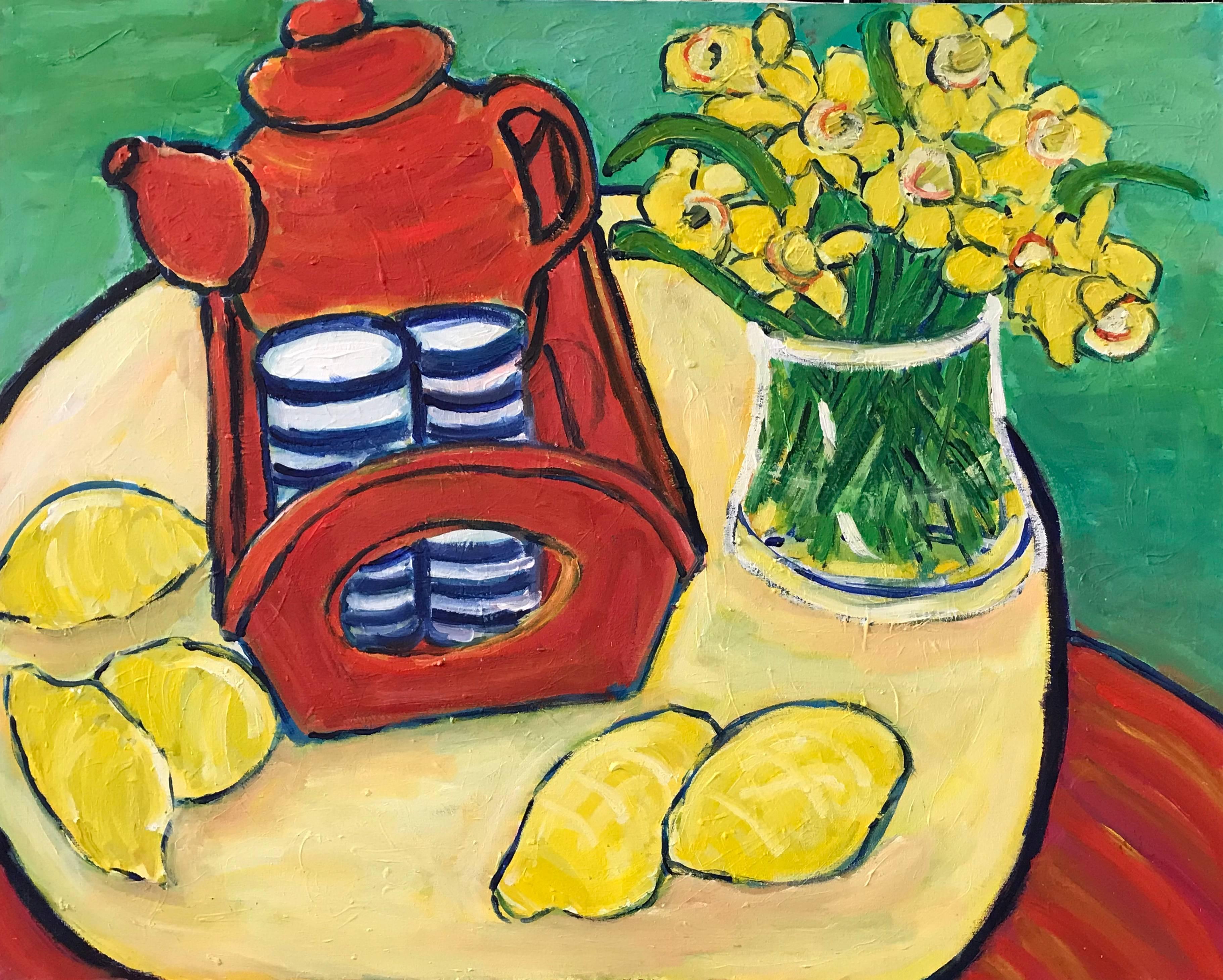 Pamela Cawley Interior Painting - Daffodils, Lemons & Coffee Pot Large British Impressionist Oil